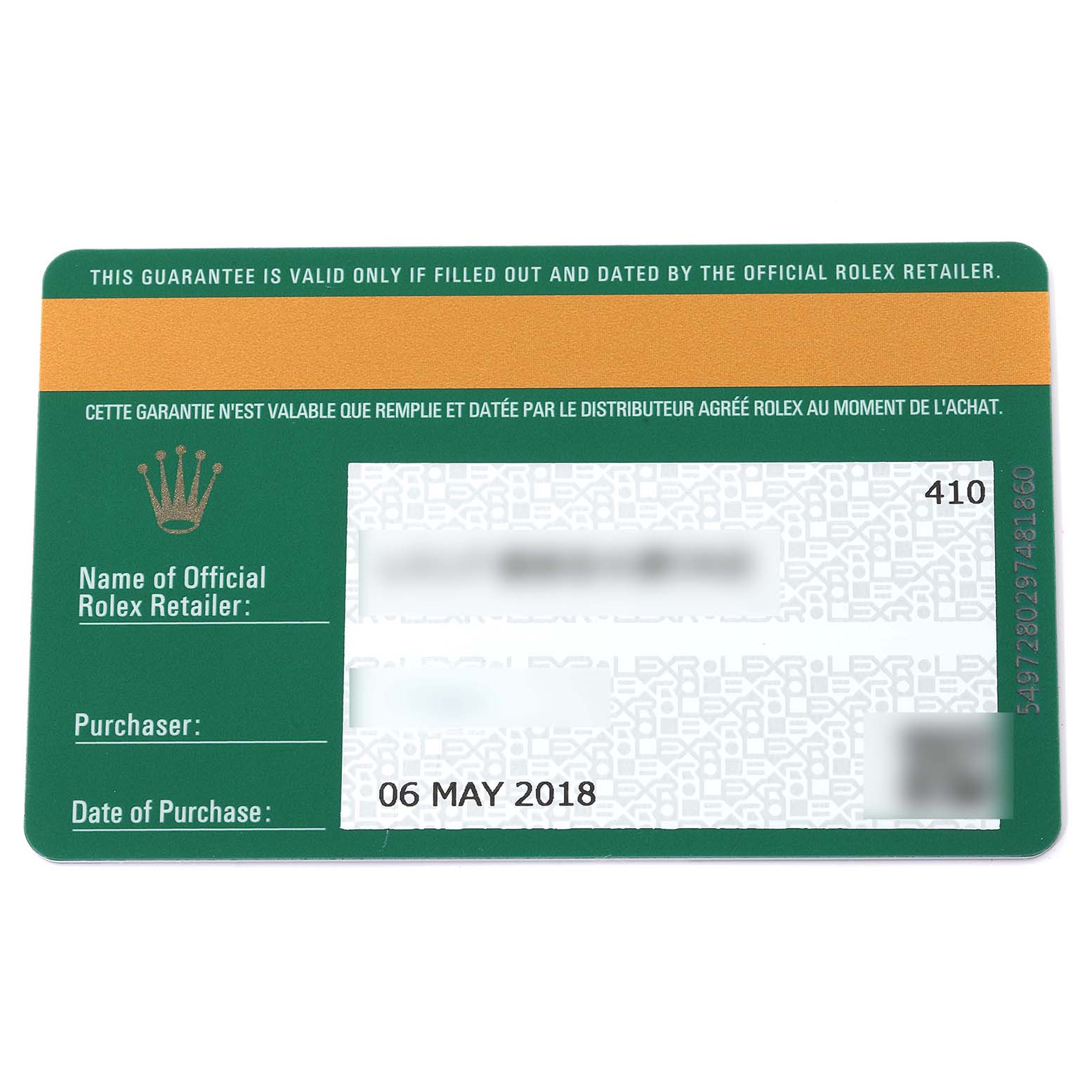 This image shows the guarantee card for a Rolex Submariner 116610LV Men's Stainless Steel Green Dial 116610LV Men's Stainless Steel Green Dial, detailing purchase information.