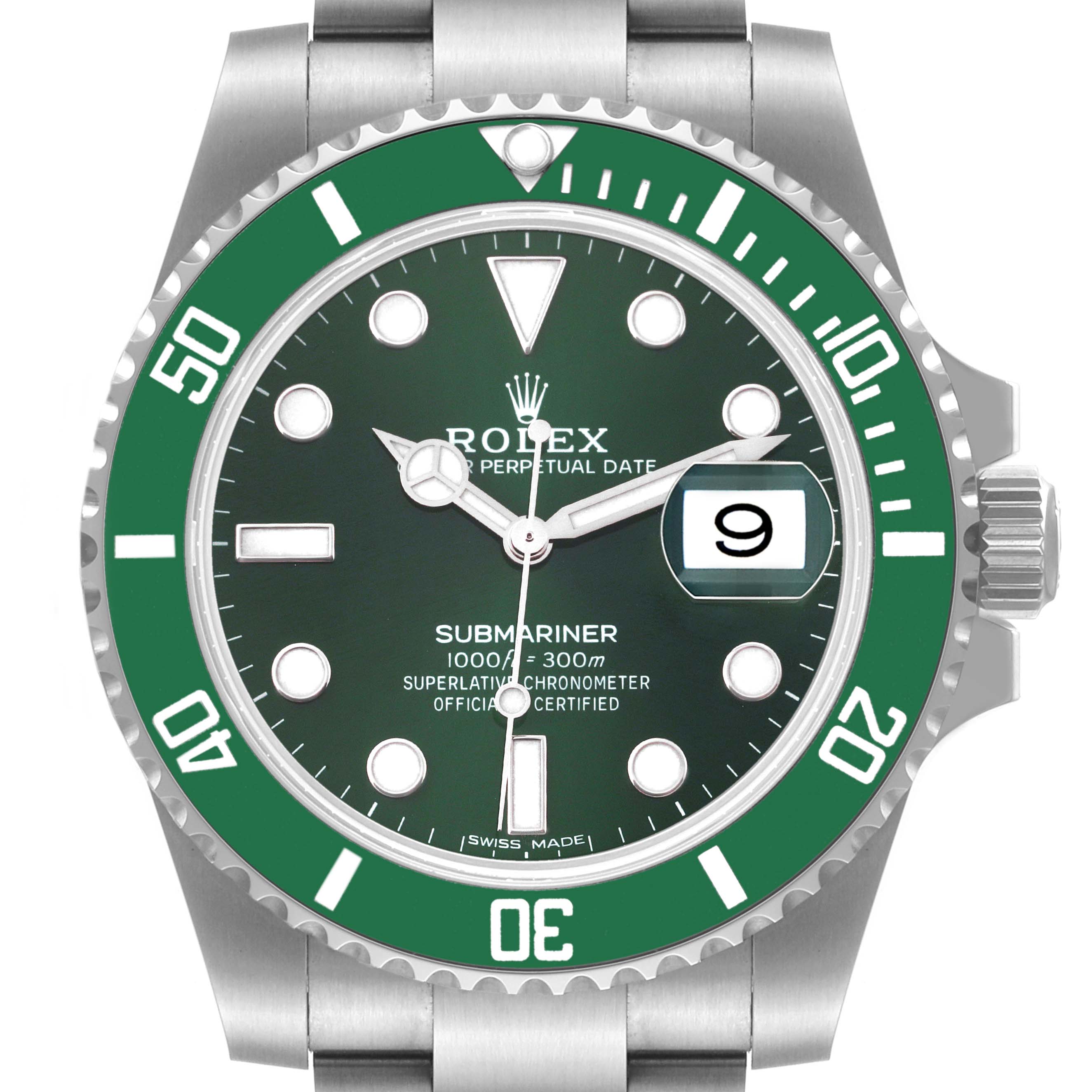 The image shows a front view of a Rolex Submariner 116610LV Men's Stainless Steel Green Dial 116610LV Men's Stainless Steel Green Dial watch, highlighting the dial, bezel, bracelet, and date window.