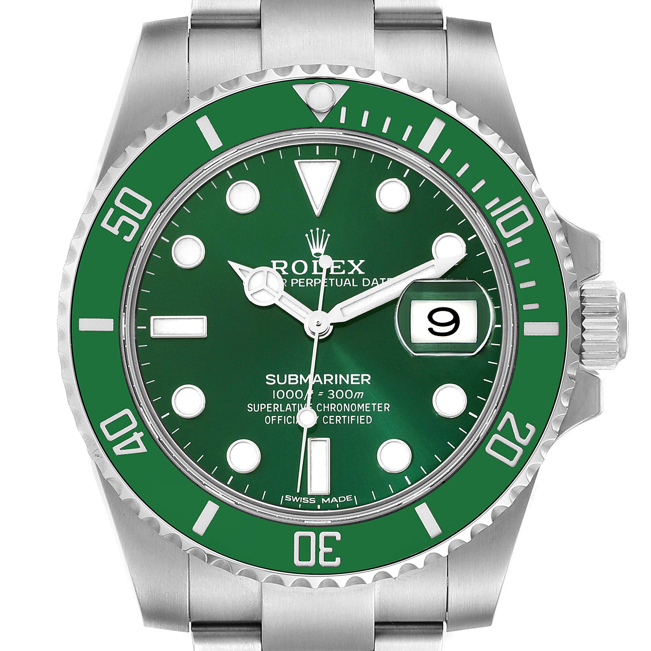 The image shows a frontal view of the Rolex Submariner 116610LV Men's Stainless Steel Green Dial 116610LV Men's Stainless Steel Green Dial watch, highlighting its green dial, bezel, and date window.