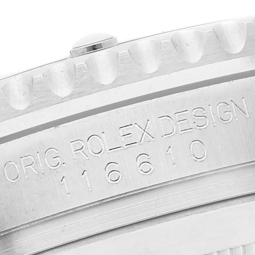 This is a close-up image of the engraving on the side of a Rolex Submariner 116610LV Men's Stainless Steel Green Dial 116610LV Men's Stainless Steel Green Dial watch case, including the model number 116610.