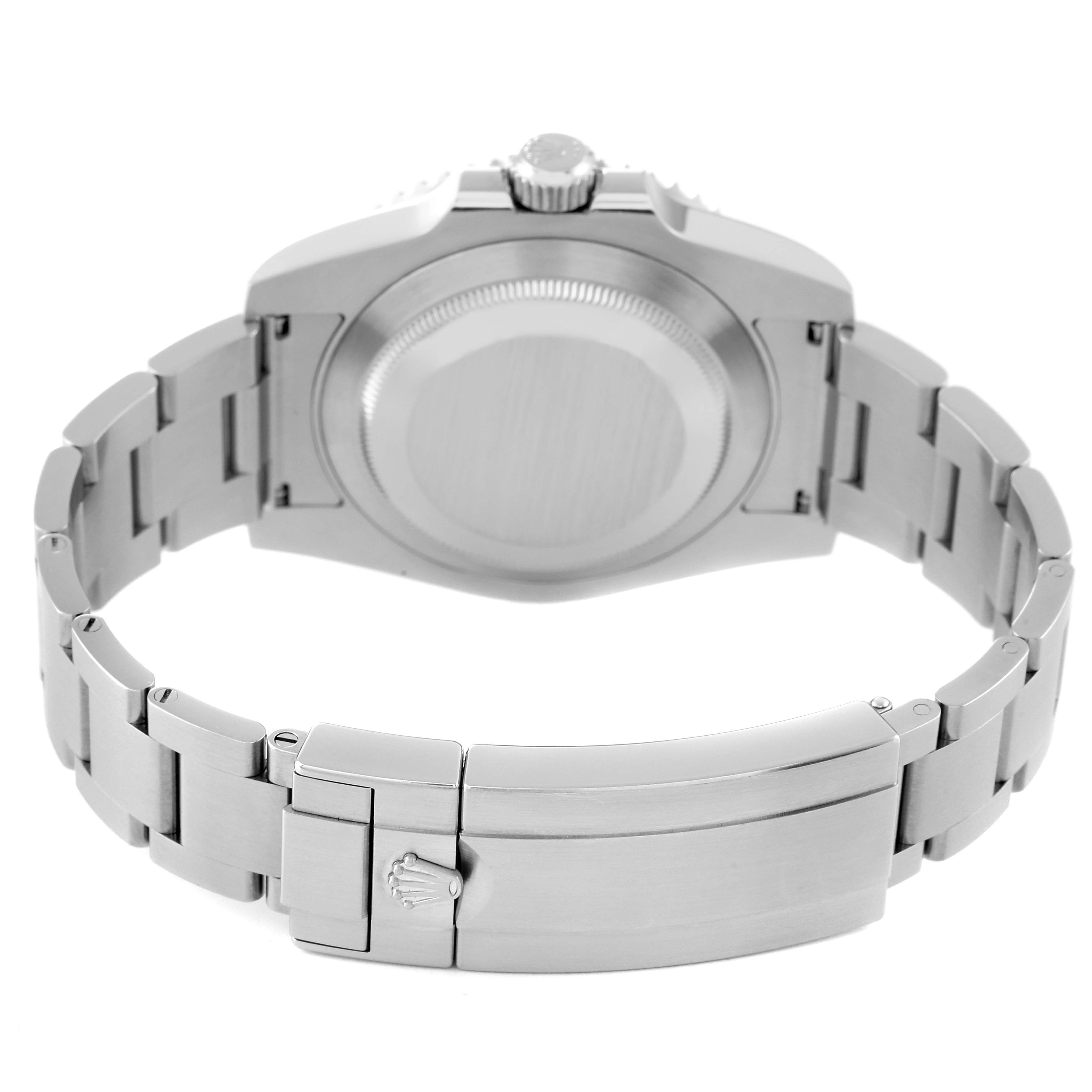 This image shows the back case and clasp of a Rolex Submariner 116610LV Men's Stainless Steel Green Dial 116610LV Men's Stainless Steel Green Dial watch, viewed from the rear.