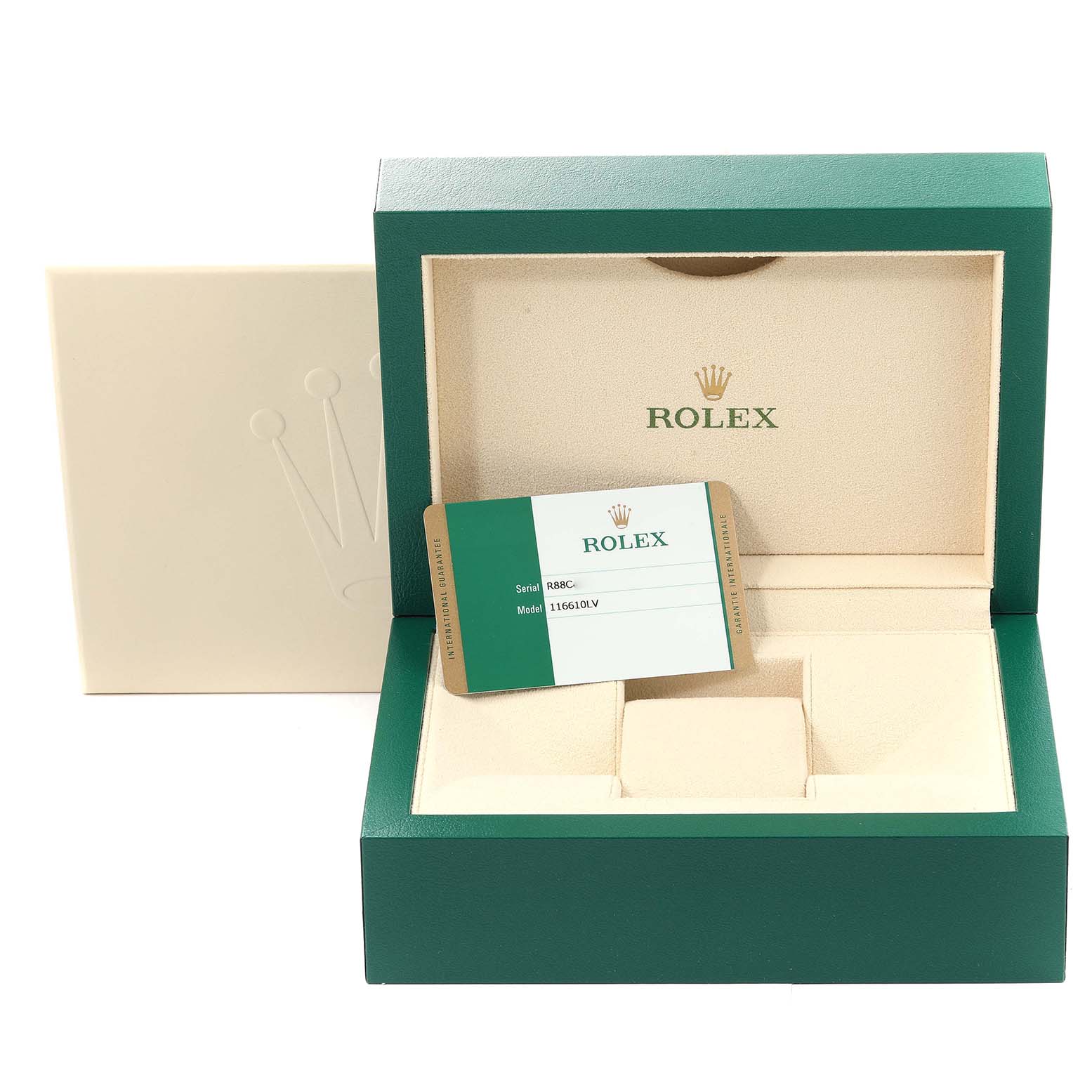 The image shows an open Rolex Submariner 116610LV Men's Stainless Steel Green Dial 116610LV Men's Stainless Steel Green Dial watch box and accompanying card, viewed from the front.