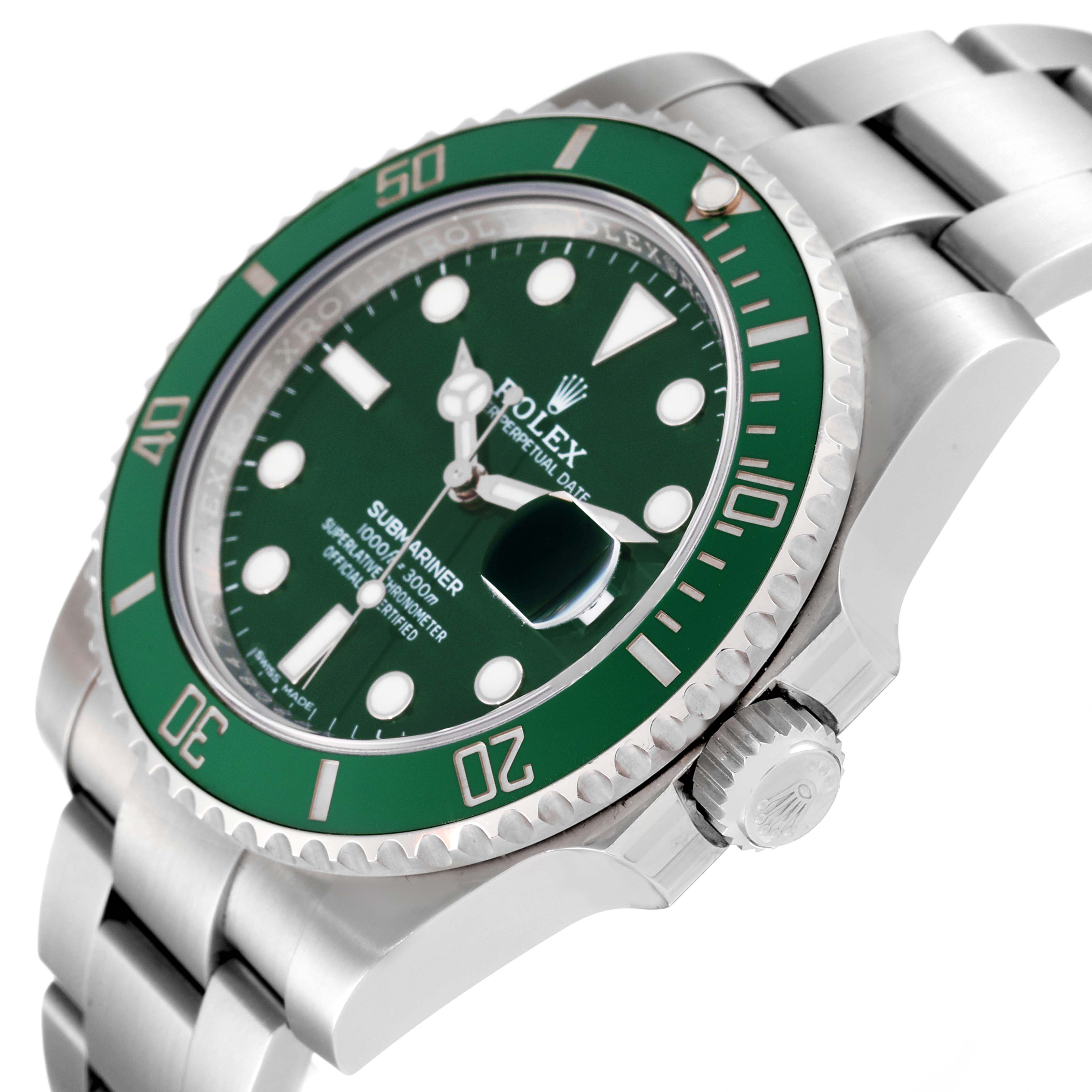 This image shows a close-up angle of a Rolex Submariner 116610LV Men's Stainless Steel Green Dial 116610LV Men's Stainless Steel Green Dial, highlighting its green bezel, dial, and date magnifier.
