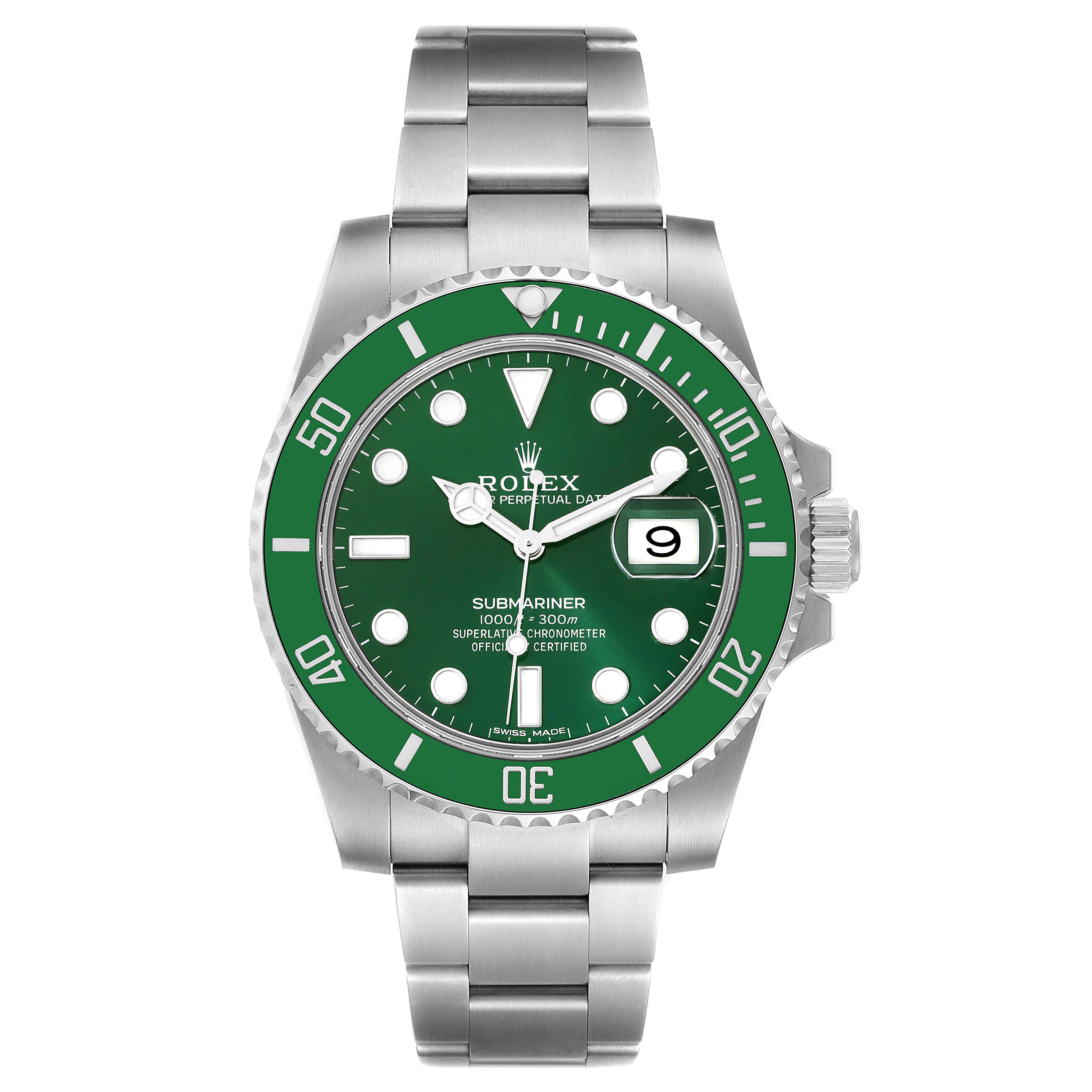 This image shows a front view of a Rolex Submariner 116610LV Men's Stainless Steel Green Dial 116610LV Men's Stainless Steel Green Dial watch, highlighting its green dial, bezel, and stainless steel bracelet.