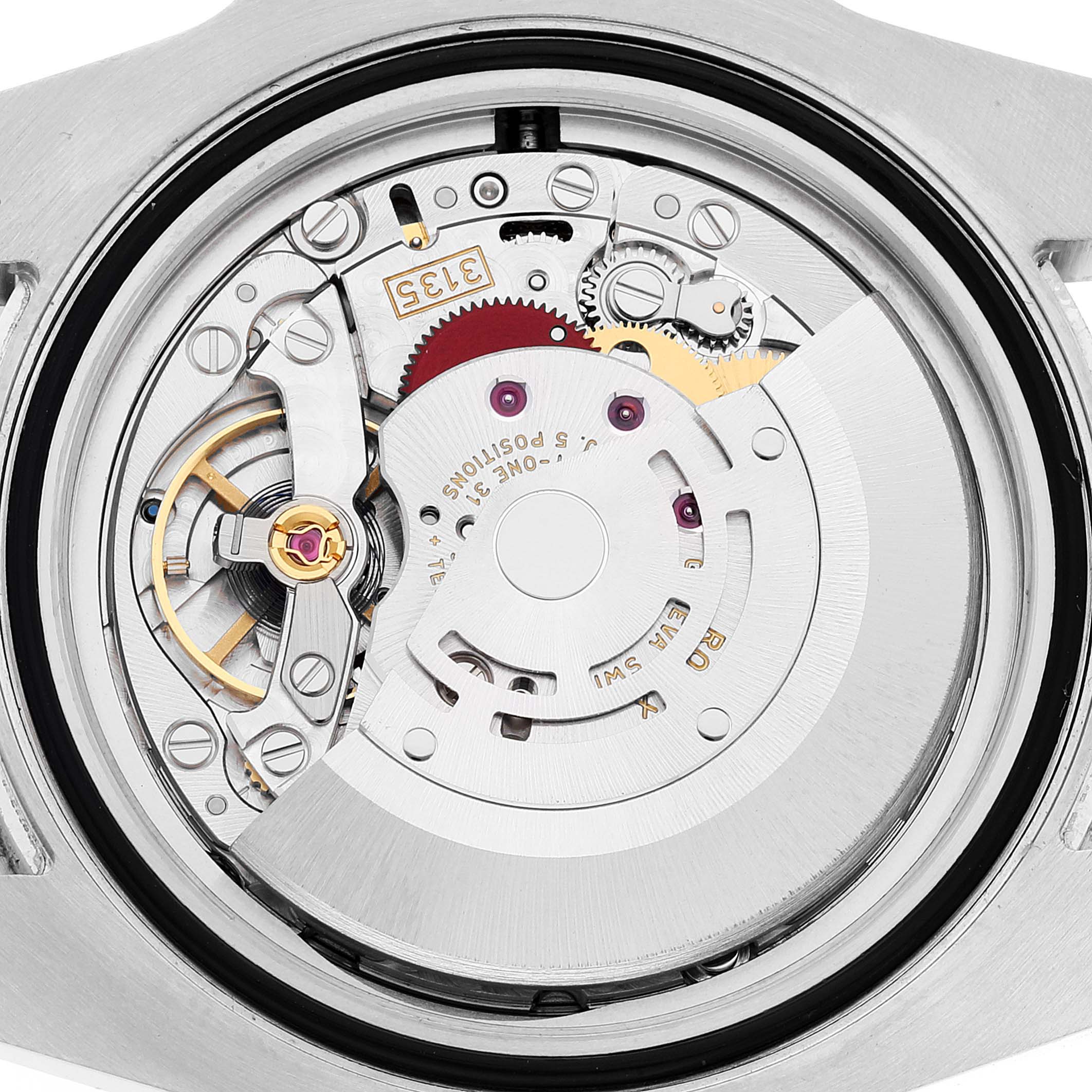 This image shows an internal view of the movement and mechanism of a Rolex Submariner 116610LV Men's Stainless Steel Green Dial 116610LV Men's Stainless Steel Green Dial watch.