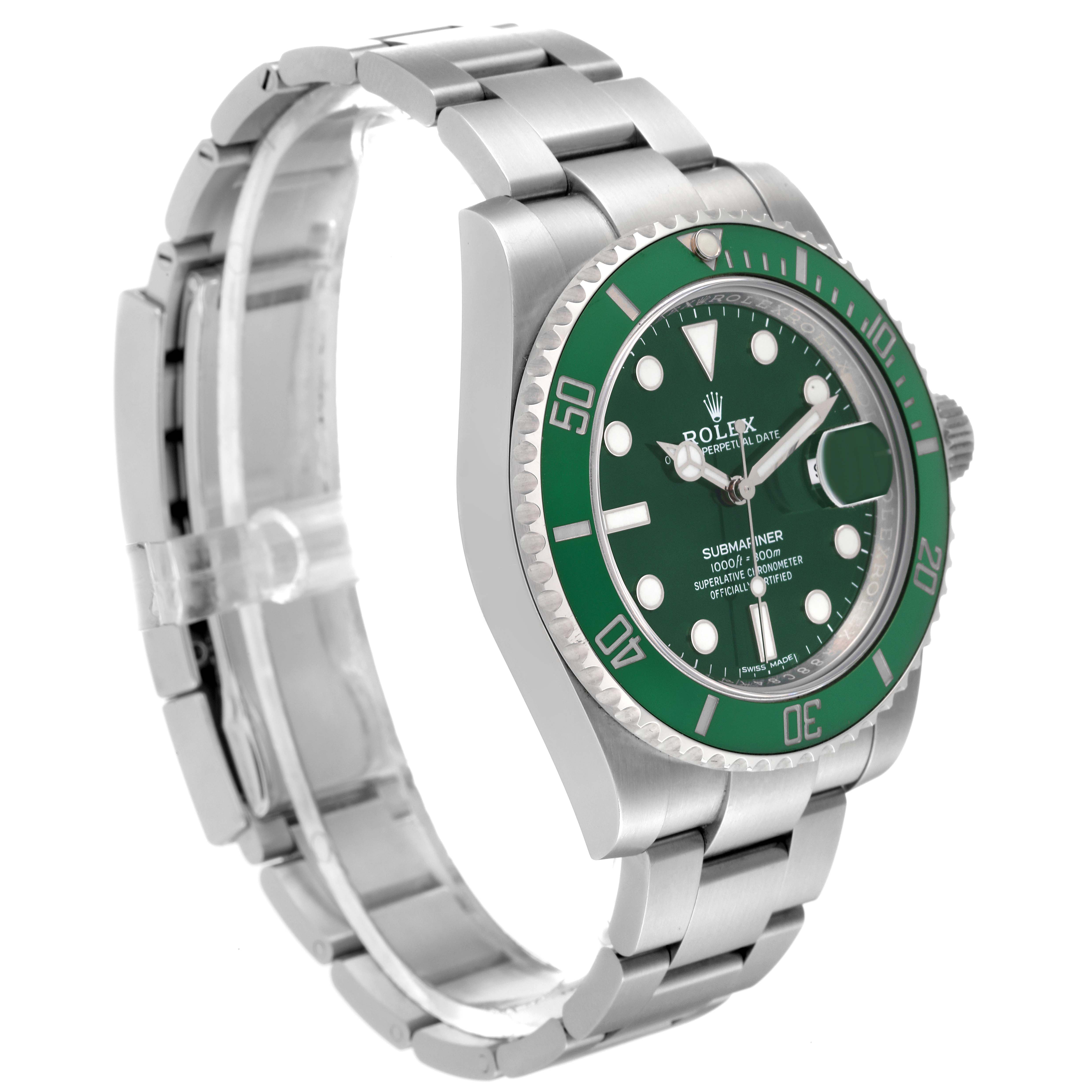 This image shows a Rolex Submariner 116610LV Men's Stainless Steel Green Dial 116610LV Men's Stainless Steel Green Dial watch at a three-quarter angle, highlighting the green bezel, dial, and stainless steel bracelet.