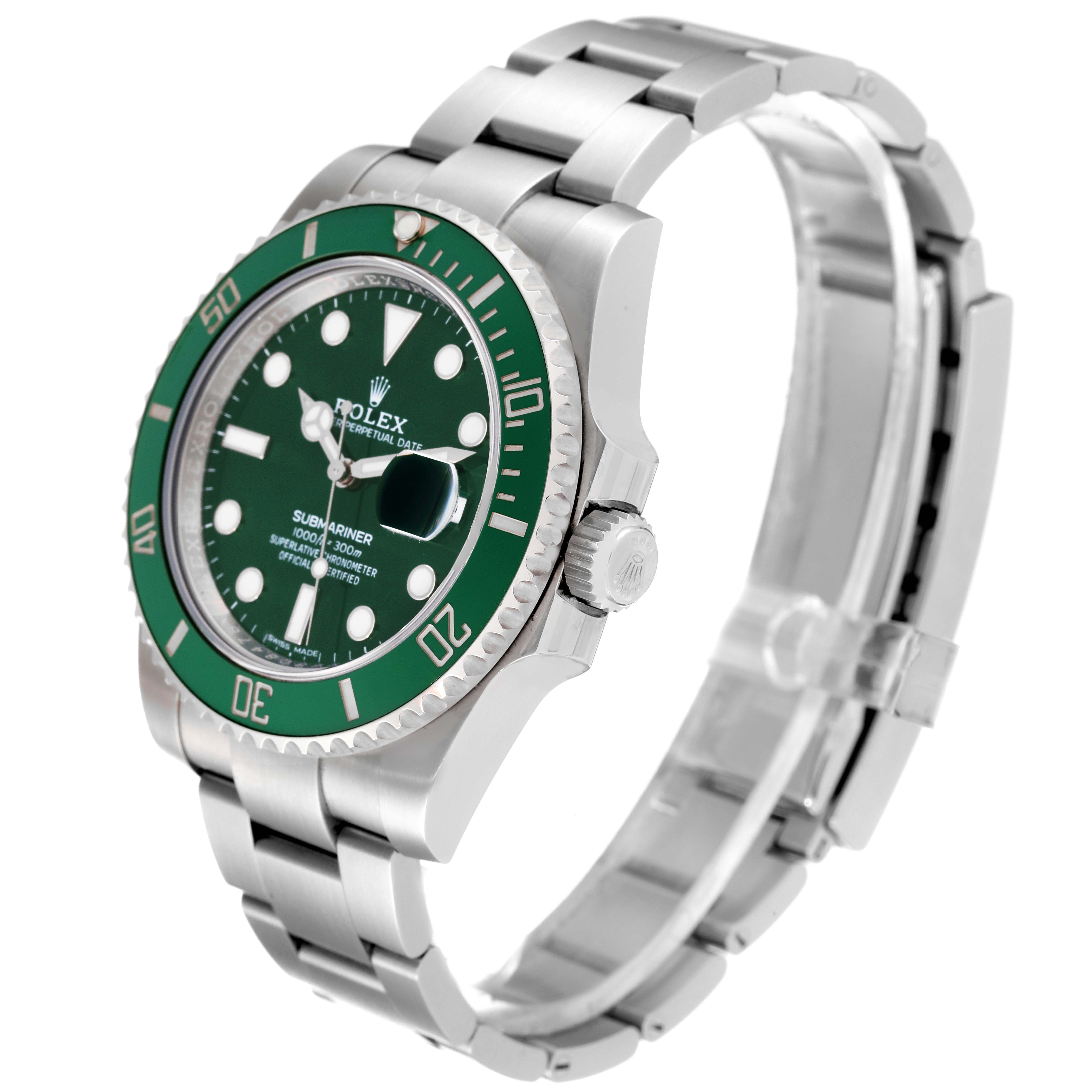This image shows a Rolex Submariner 116610LV Men's Stainless Steel Green Dial 116610LV Men's Stainless Steel Green Dial watch from a three-quarter side angle, highlighting its green dial, bezel, and stainless steel bracelet.