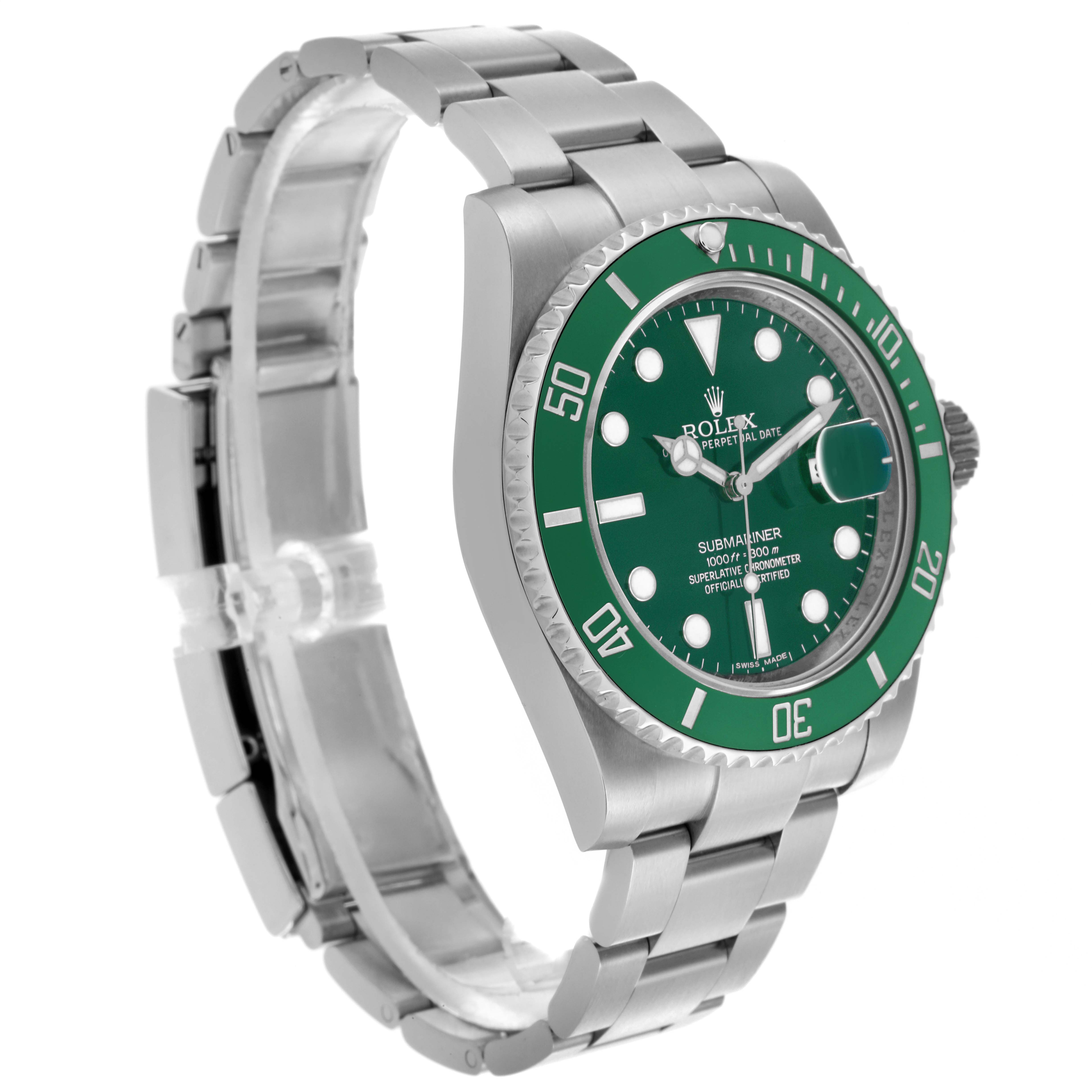The Rolex Submariner 116610LV Men
s Stainless Steel Green Dial 116610LV Men
s Stainless Steel Green Dial watch is shown at an angle highlighting the side profile and face with its green bezel and dial.