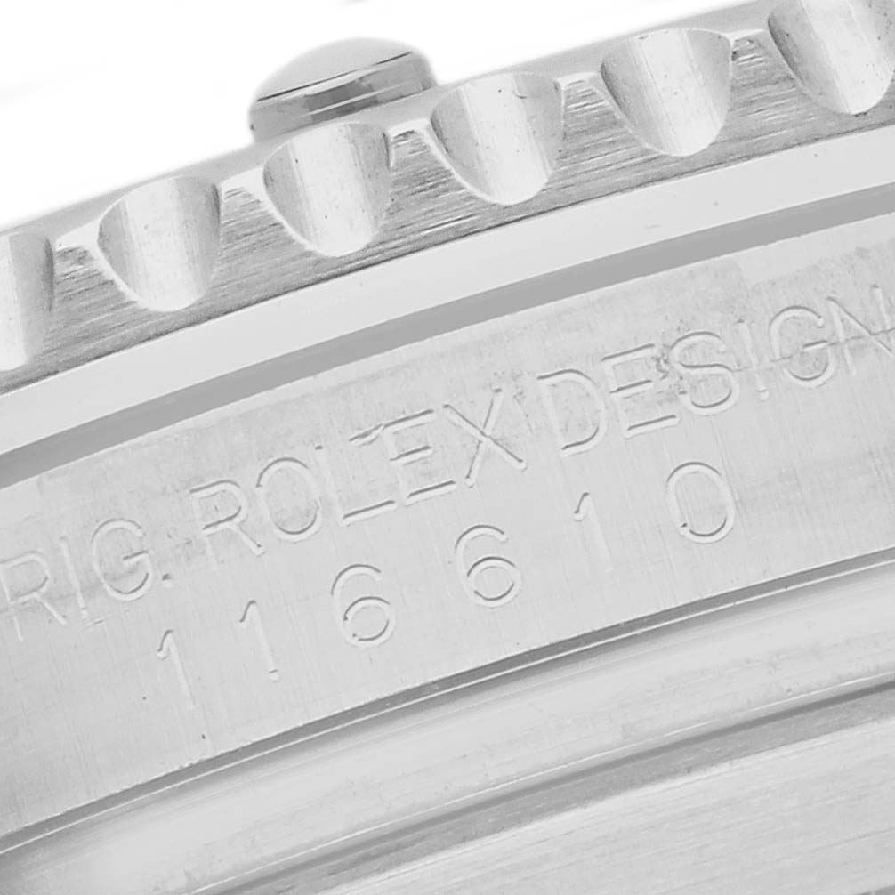 The image shows a side angle of the Rolex Submariner 116610LV Men
s Stainless Steel Green Dial 116610LV Men
s Stainless Steel Green Dial
s case with model engraving.