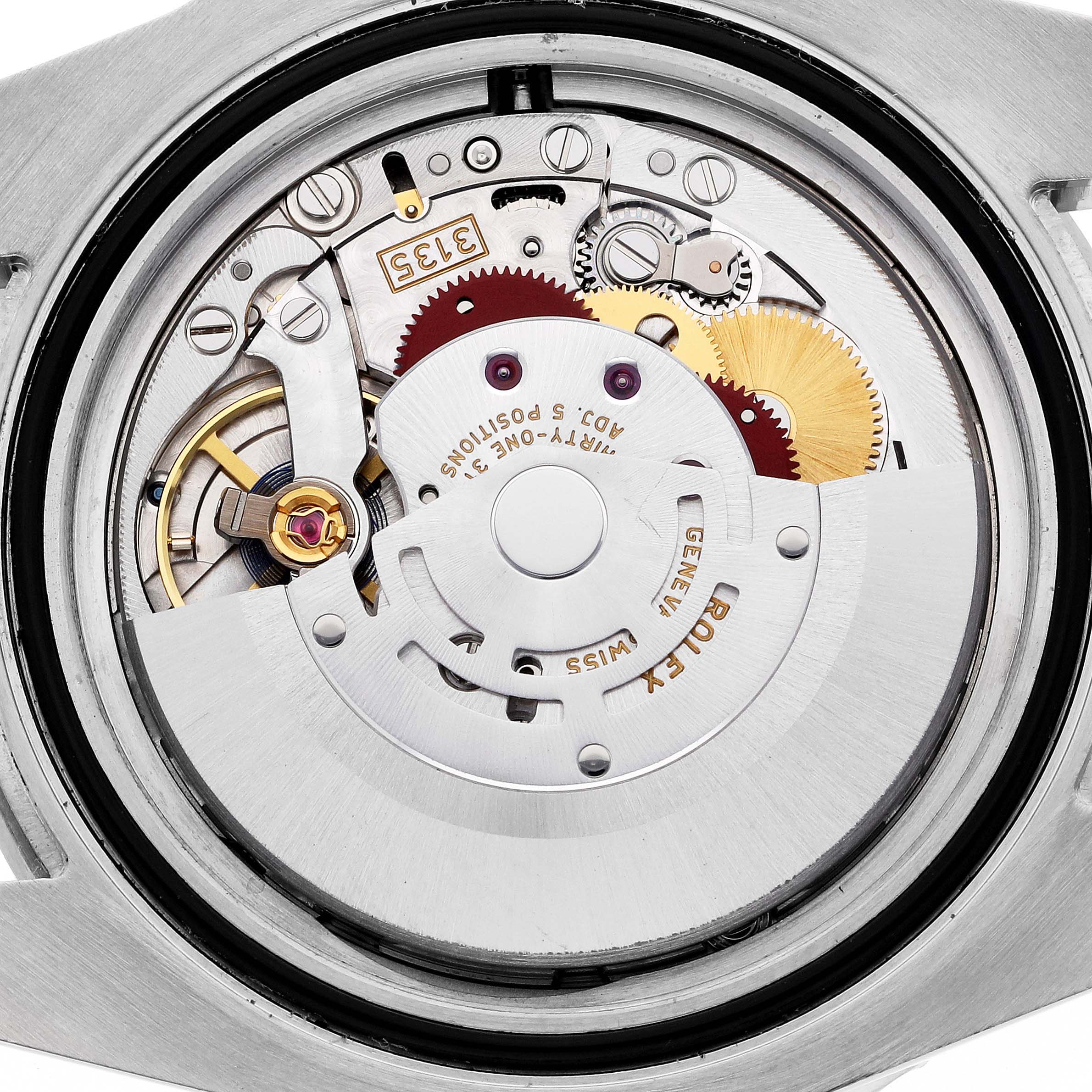 The image shows the internal movement of a Rolex Submariner 116610LV Men
s Stainless Steel Green Dial 116610LV Men
s Stainless Steel Green Dial watch from the back.