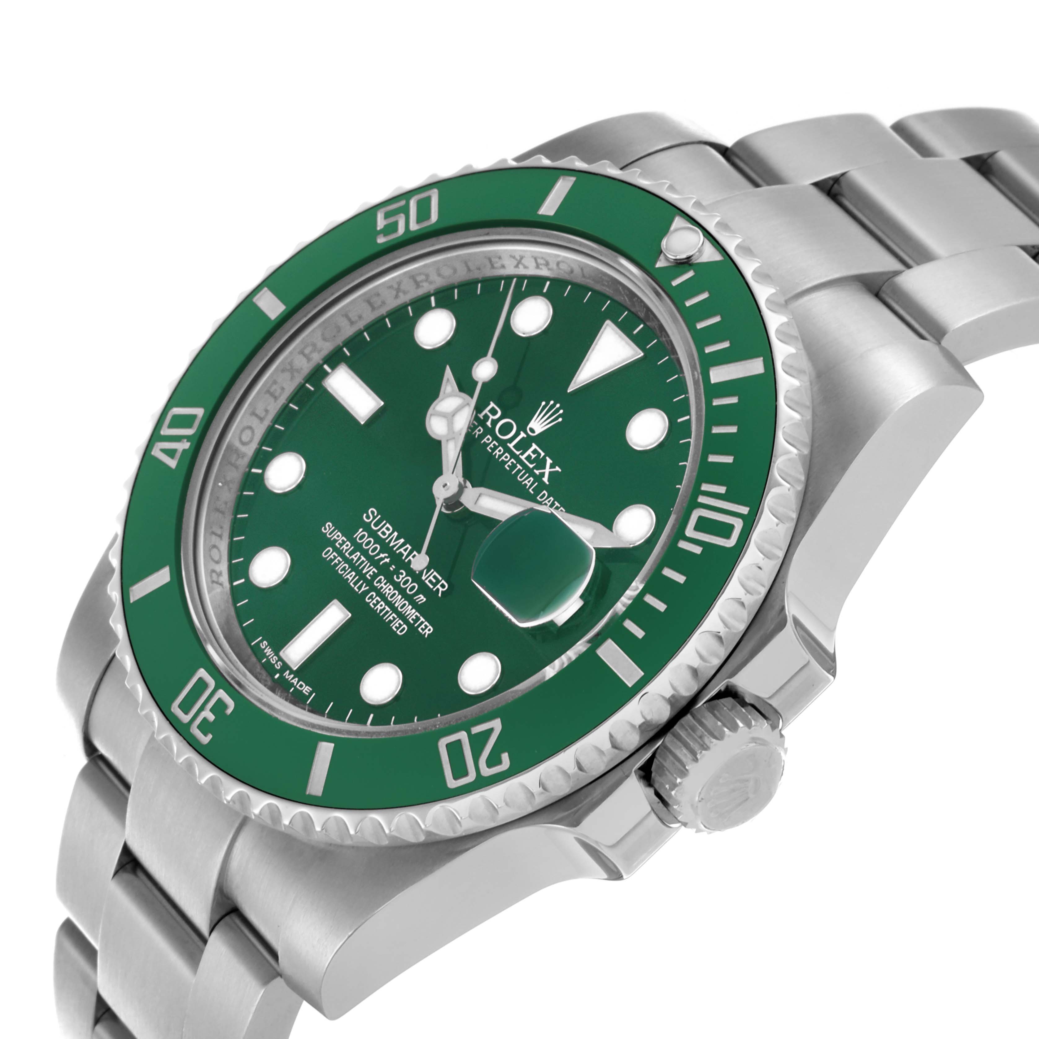 The Rolex Submariner 116610LV Men
s Stainless Steel Green Dial 116610LV Men
s Stainless Steel Green Dial watch is shown at a slight angle, highlighting the dial, bezel, crown, and bracelet.