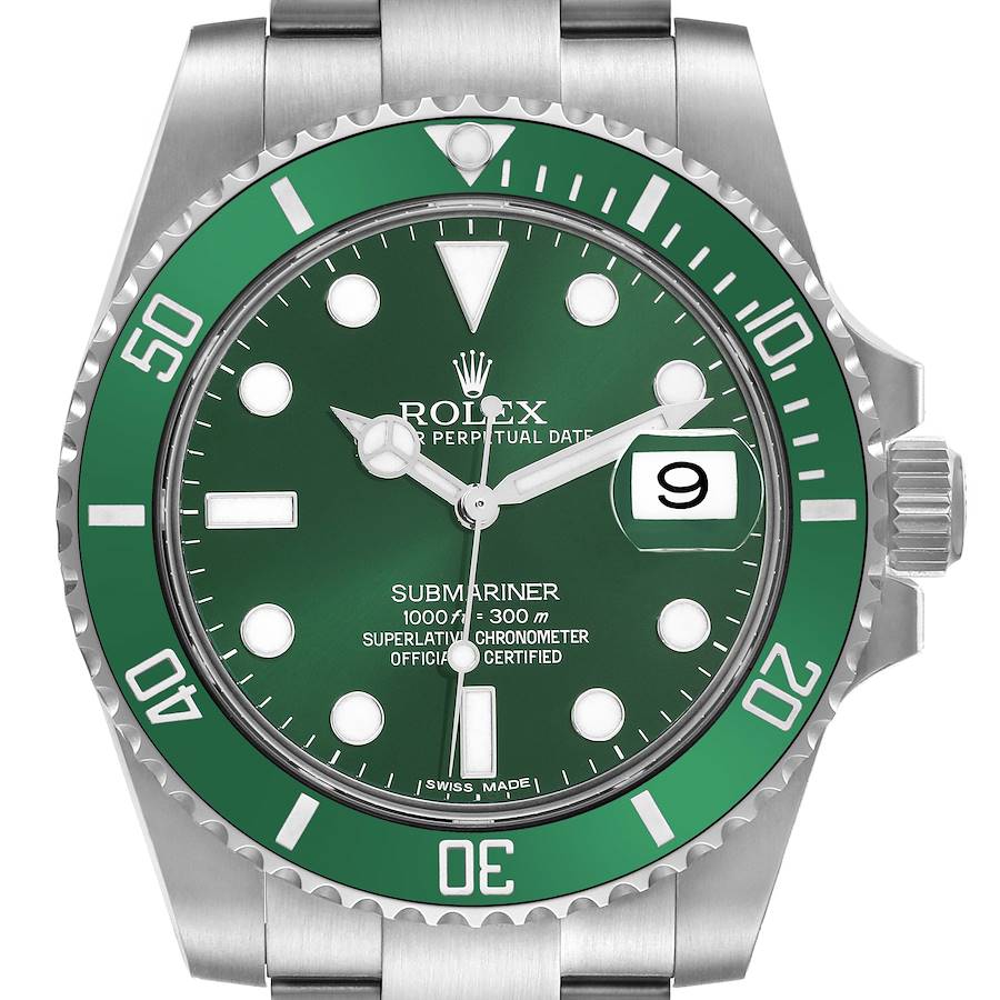 The Rolex Submariner is shown from the front, displaying the bezel, dial, hands, and date window.