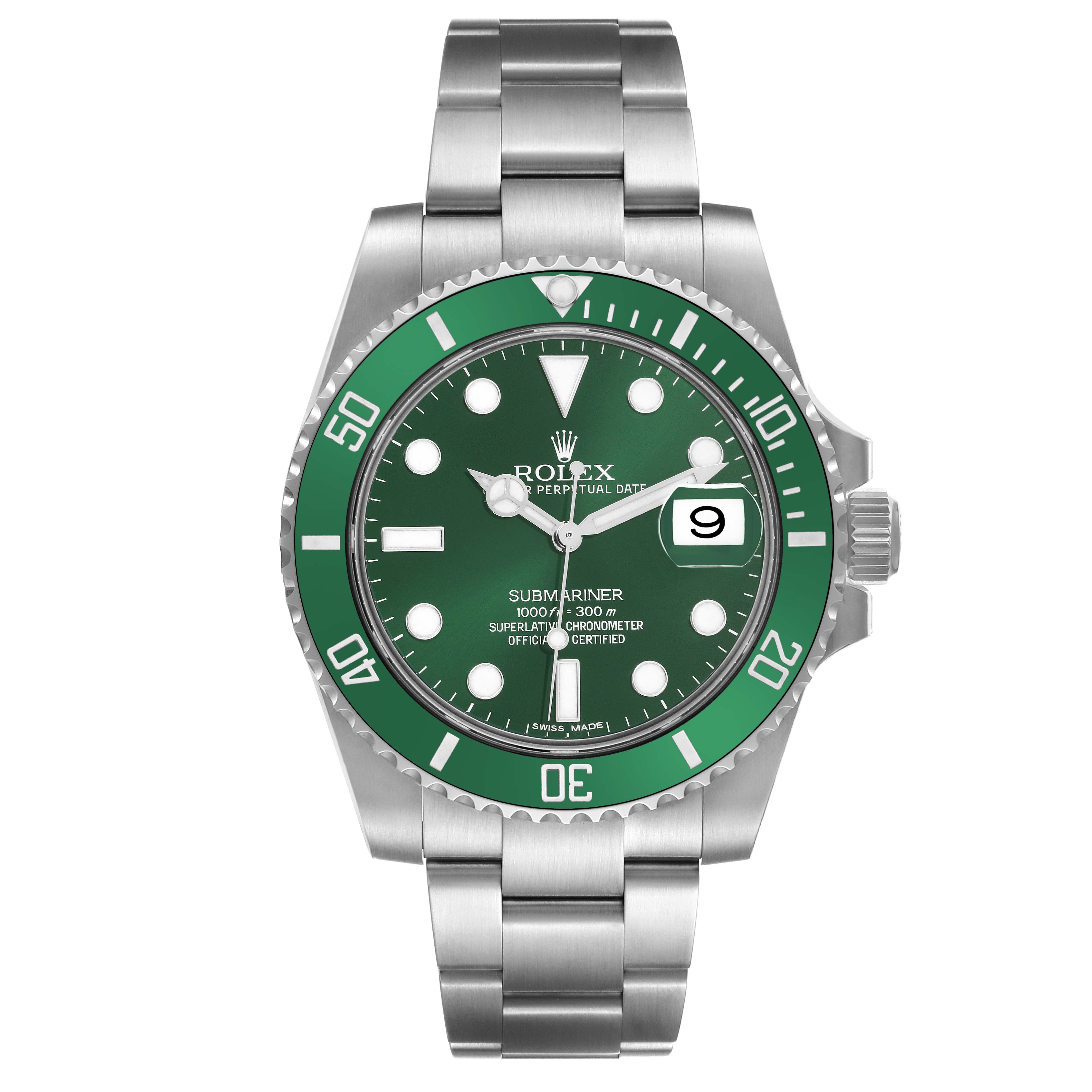 The image shows a front view of a Rolex Submariner 116610LV Men
s Stainless Steel Green Dial 116610LV Men
s Stainless Steel Green Dial, displaying the dial, bezel, case, and bracelet.