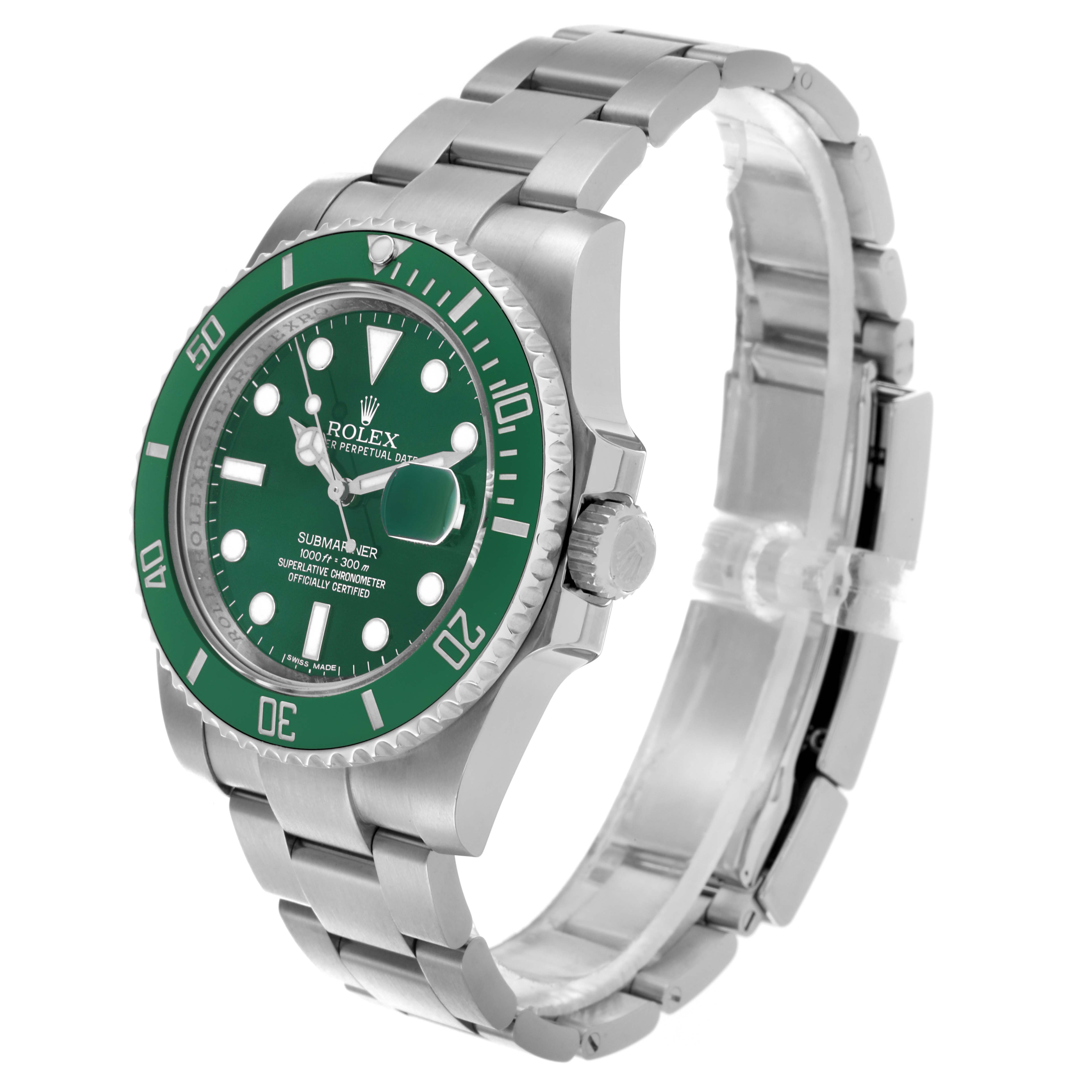 The Rolex Submariner 116610LV Men
s Stainless Steel Green Dial 116610LV Men
s Stainless Steel Green Dial watch is shown at an angled side view, highlighting the face, bezel, bracelet, and crown.