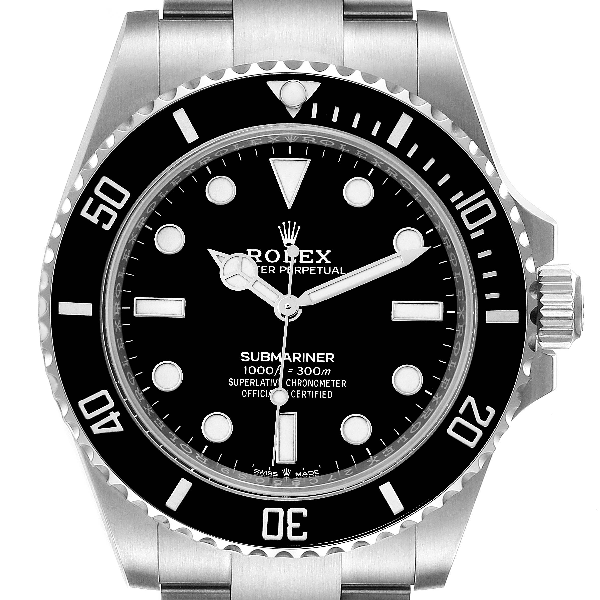 This is a front view of the Rolex Submariner 124060 Men's Stainless Steel Black Dial 124060 Men's Stainless Steel Black Dial watch, showing the face, bezel, and part of the bracelet.