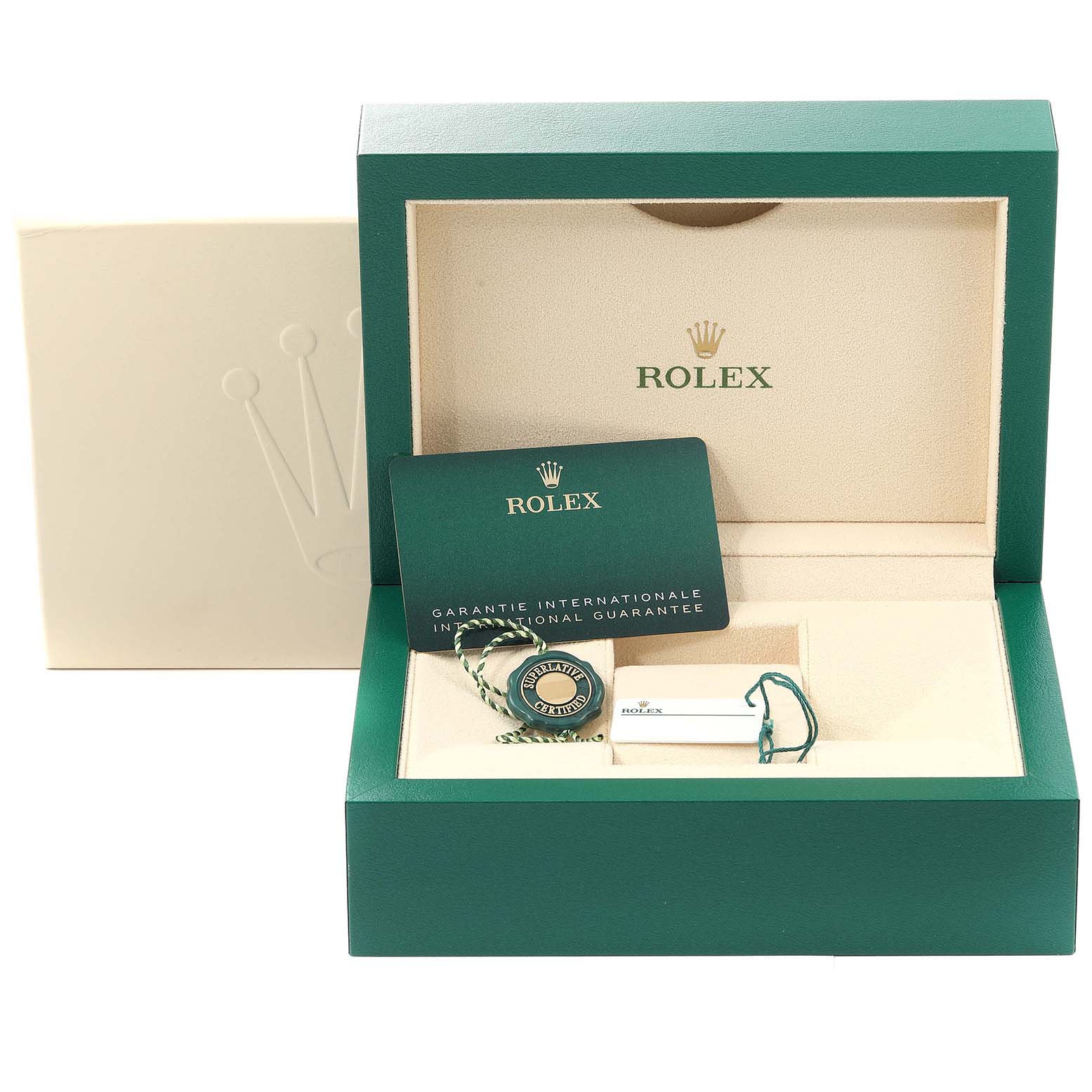The image shows the packaging, warranty card, and tags of a Rolex Submariner 124060 Men's Stainless Steel Black Dial 124060 Men's Stainless Steel Black Dial from a frontal angle.
