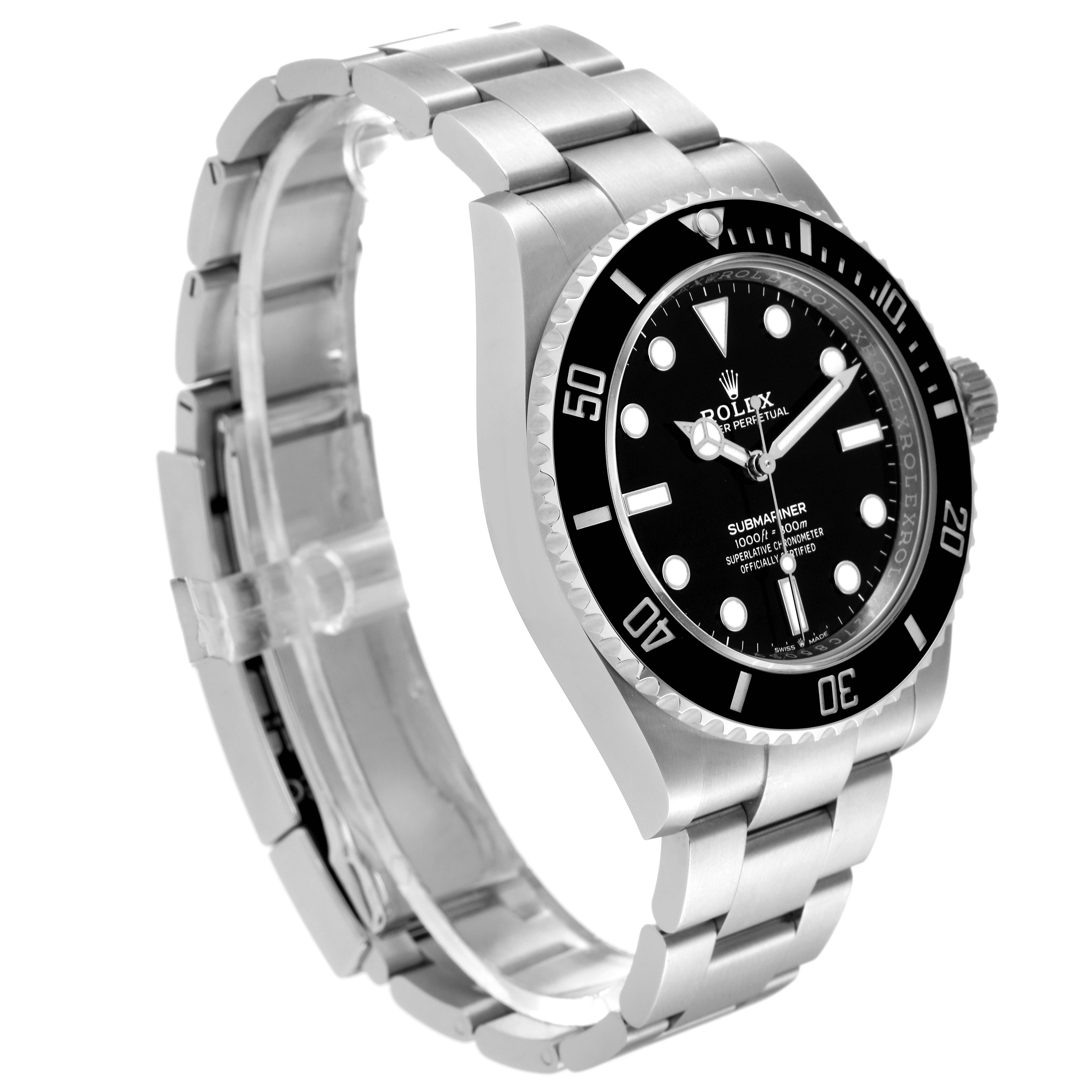 The image shows a side angle of the Rolex Submariner 124060 Men's Stainless Steel Black Dial 124060 Men's Stainless Steel Black Dial watch, highlighting the bezel, dial, and bracelet.