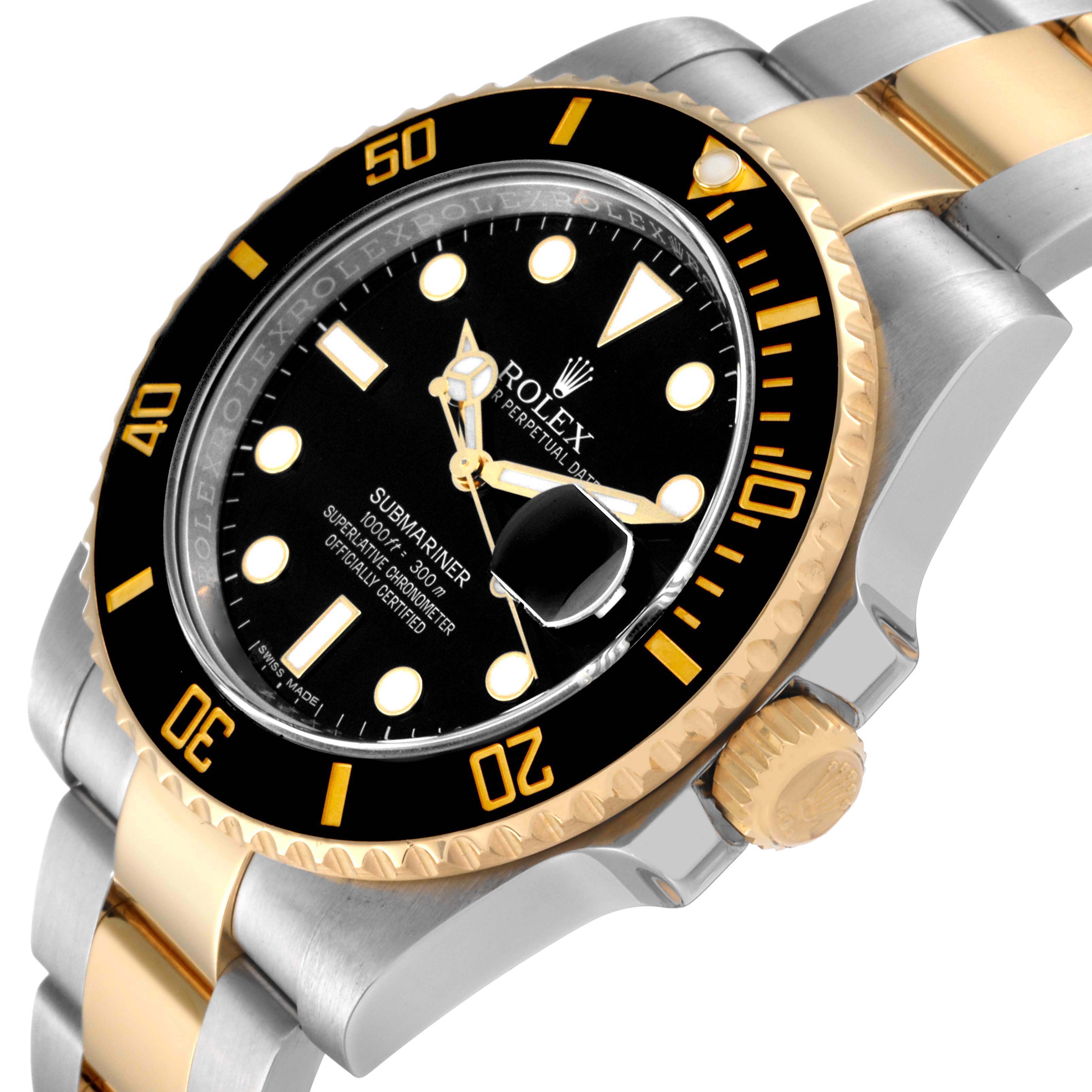 This image shows a Rolex Submariner 116613 Men's Steel and Gold (two tone) Black Dial 116613 Men's Steel and Gold (two tone) Black Dial watch at a slight angle, highlighting the bezel, crown, dial, and part of the bracelet.