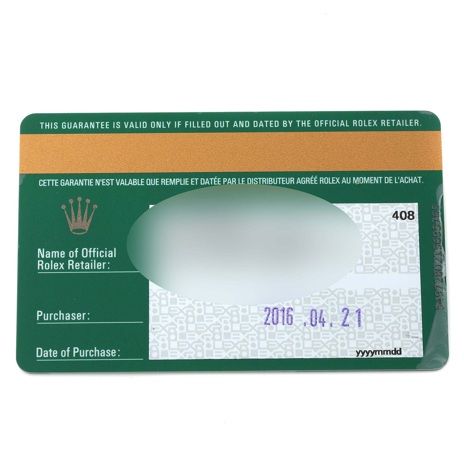 This image shows the official warranty card for a Rolex Submariner 116613 Men's Steel and Gold (two tone) Black Dial 116613 Men's Steel and Gold (two tone) Black Dial watch, indicating the date and other purchase details.