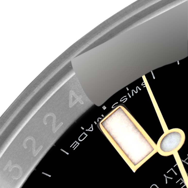 The image shows a close-up of the dial and partial bezel of a Rolex Submariner 116613 Men's Steel and Gold (two tone) Black Dial 116613 Men's Steel and Gold (two tone) Black Dial watch.