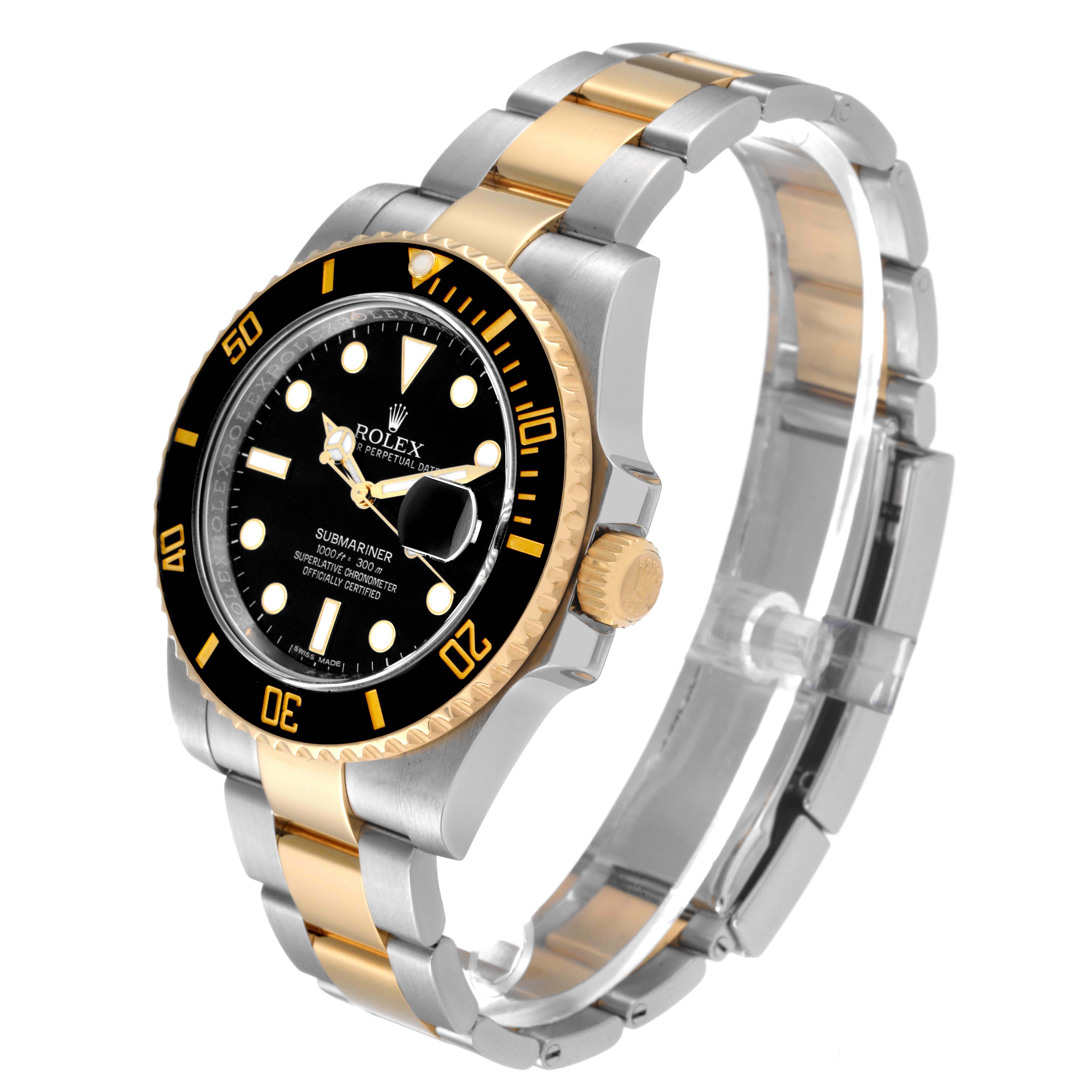 This image shows a Rolex Submariner 116613 Men's Steel and Gold (two tone) Black Dial 116613 Men's Steel and Gold (two tone) Black Dial watch from a right-side angle, highlighting its black dial, bezel, and two-tone metal bracelet.