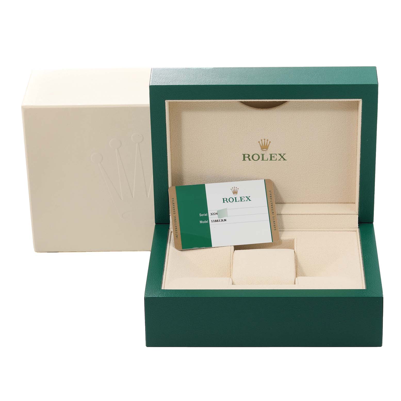 The image shows an empty Rolex Submariner 116613 Men's Steel and Gold (two tone) Black Dial 116613 Men's Steel and Gold (two tone) Black Dial watch box and certification card from a frontal angle.