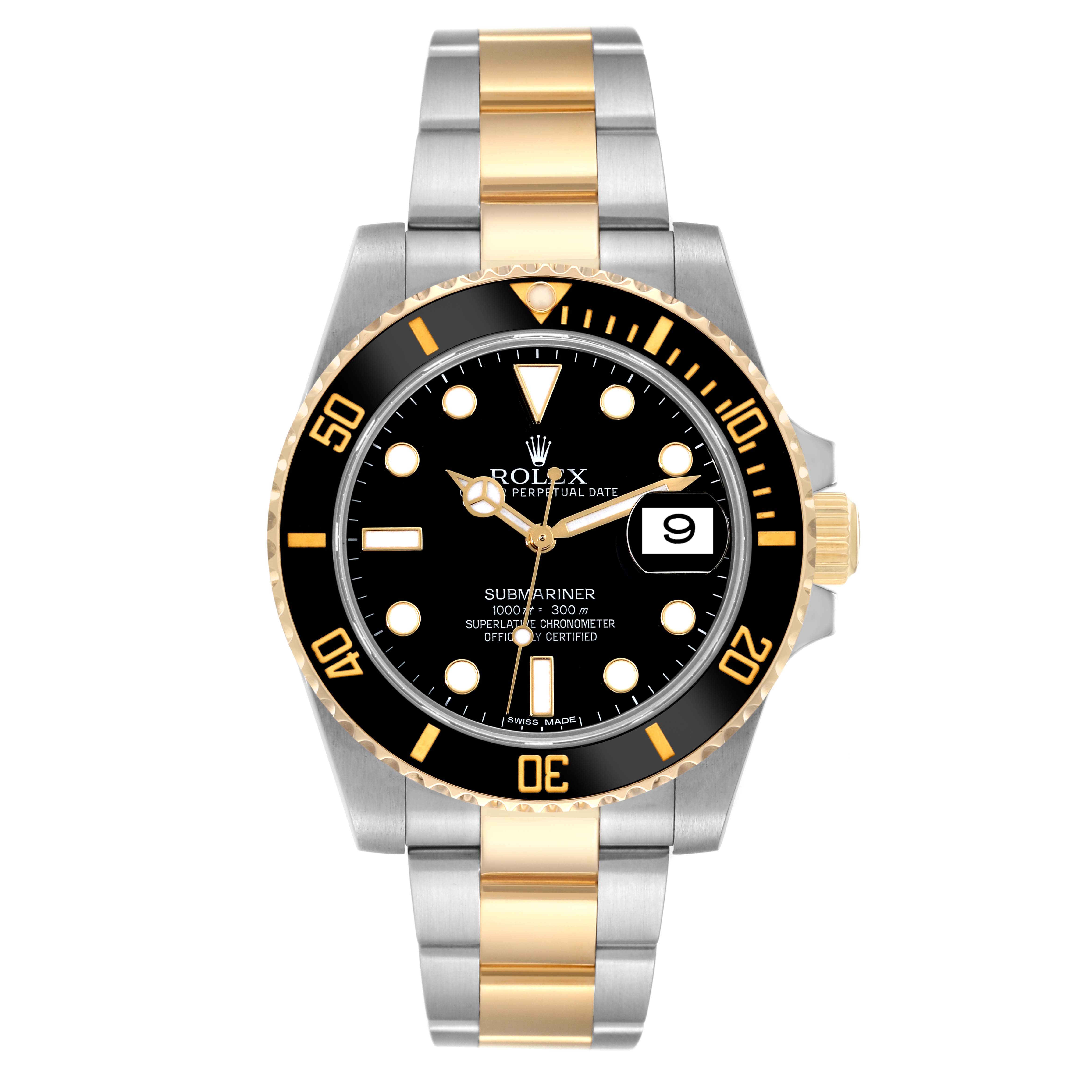 The image shows a front view of a Rolex Submariner 116613 Men's Steel and Gold (two tone) Black Dial 116613 Men's Steel and Gold (two tone) Black Dial, displaying the face, bezel, crown, and bracelet.