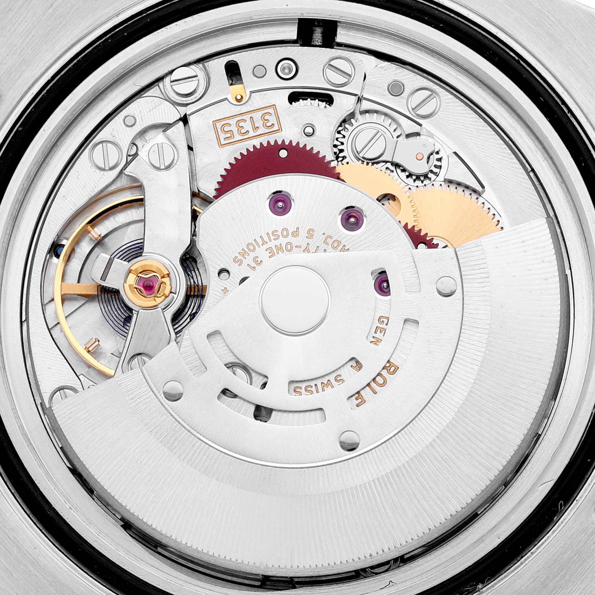 This image shows a close-up of the movement mechanism of a Rolex Submariner 116613 Men's Steel and Gold (two tone) Black Dial 116613 Men's Steel and Gold (two tone) Black Dial watch from the back angle.