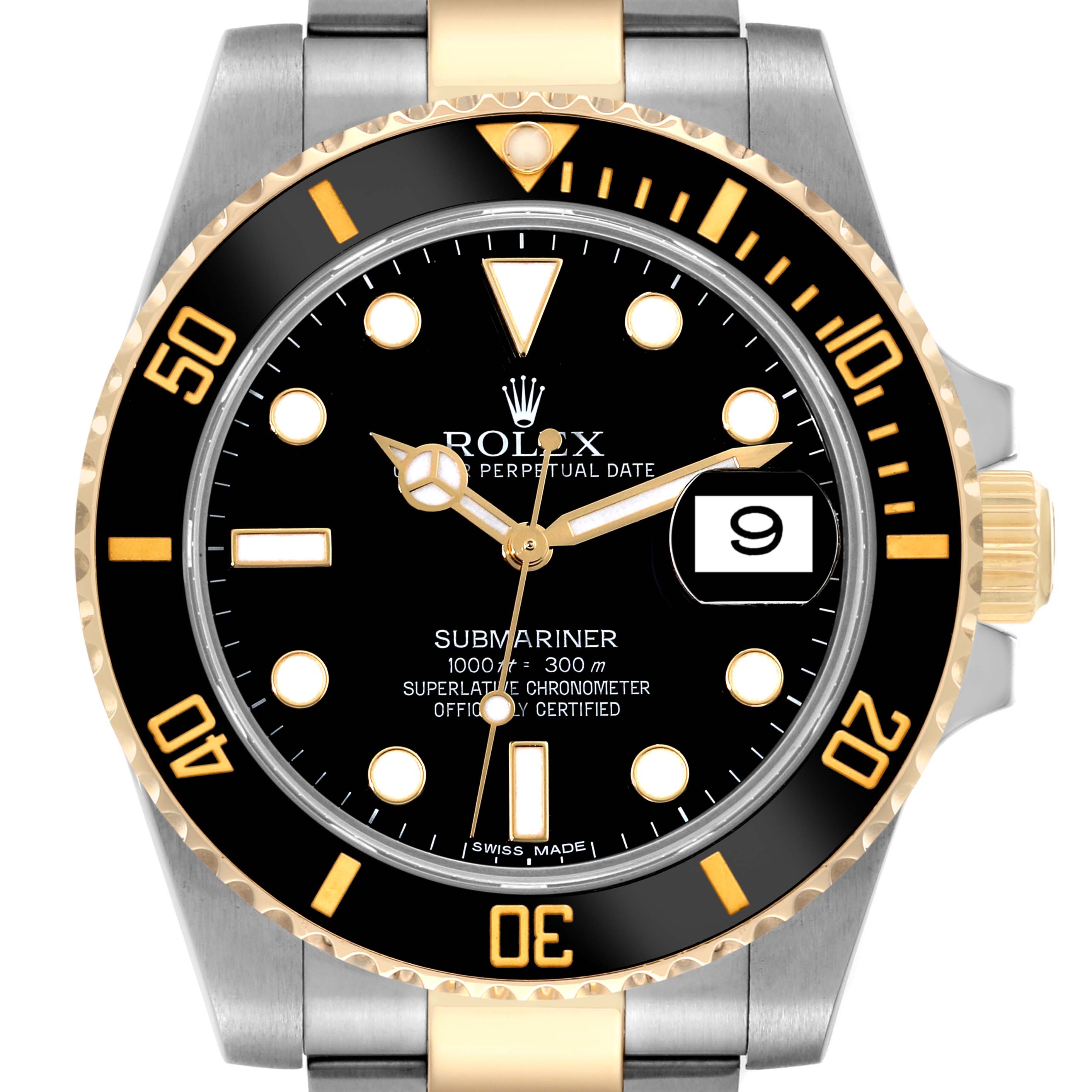 This image shows a front view of a Rolex Submariner 116613 Men's Steel and Gold (two tone) Black Dial 116613 Men's Steel and Gold (two tone) Black Dial watch, highlighting its black dial, gold and silver bracelet, and date window at 3 o'clock.