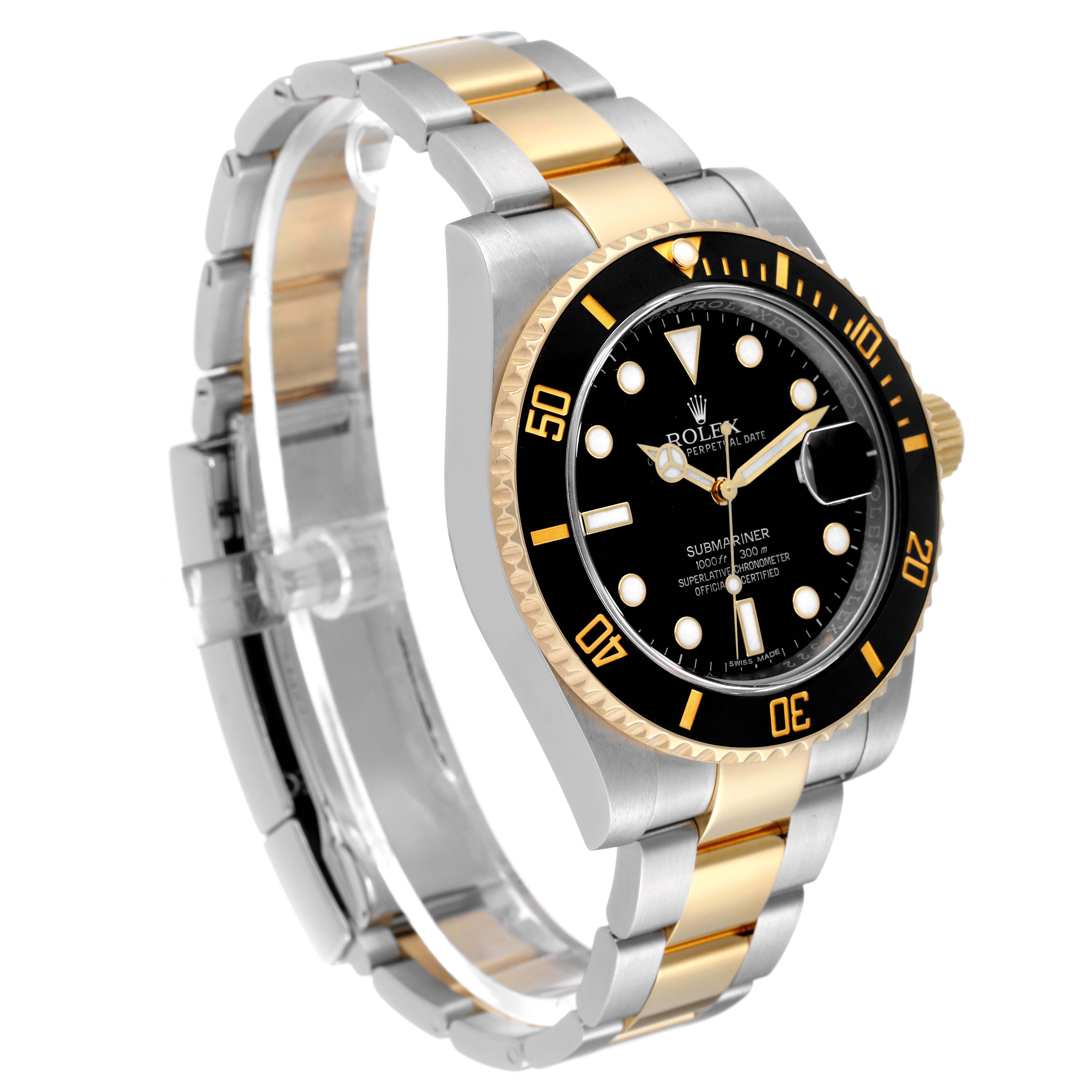 The image shows a Rolex Submariner 116613 Men's Steel and Gold (two tone) Black Dial 116613 Men's Steel and Gold (two tone) Black Dial watch at a three-quarter angle, highlighting its black dial, two-tone bezel, and bracelet.
