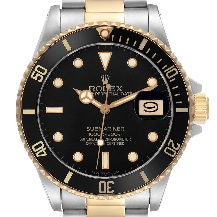 The Rolex Submariner 16803 Men's Steel and Gold (two tone) Black Dial is shown from the front, highlighting the bezel, dial, hands, and bracelet.