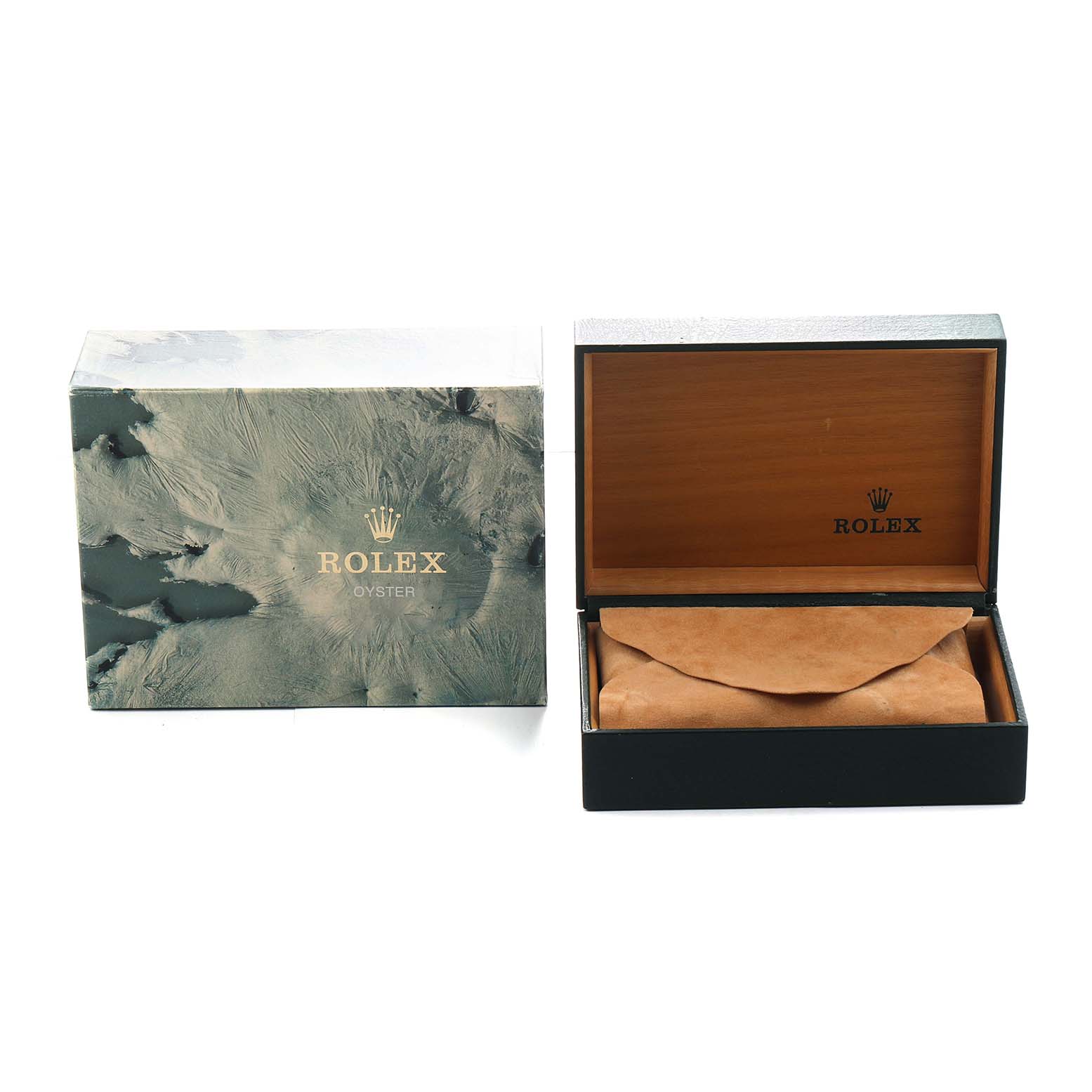 The image shows the packaging for a Rolex Submariner 16803 Men's Steel and Gold (two tone) Black Dial watch, including an outer box and an open inner case with a suede pouch.