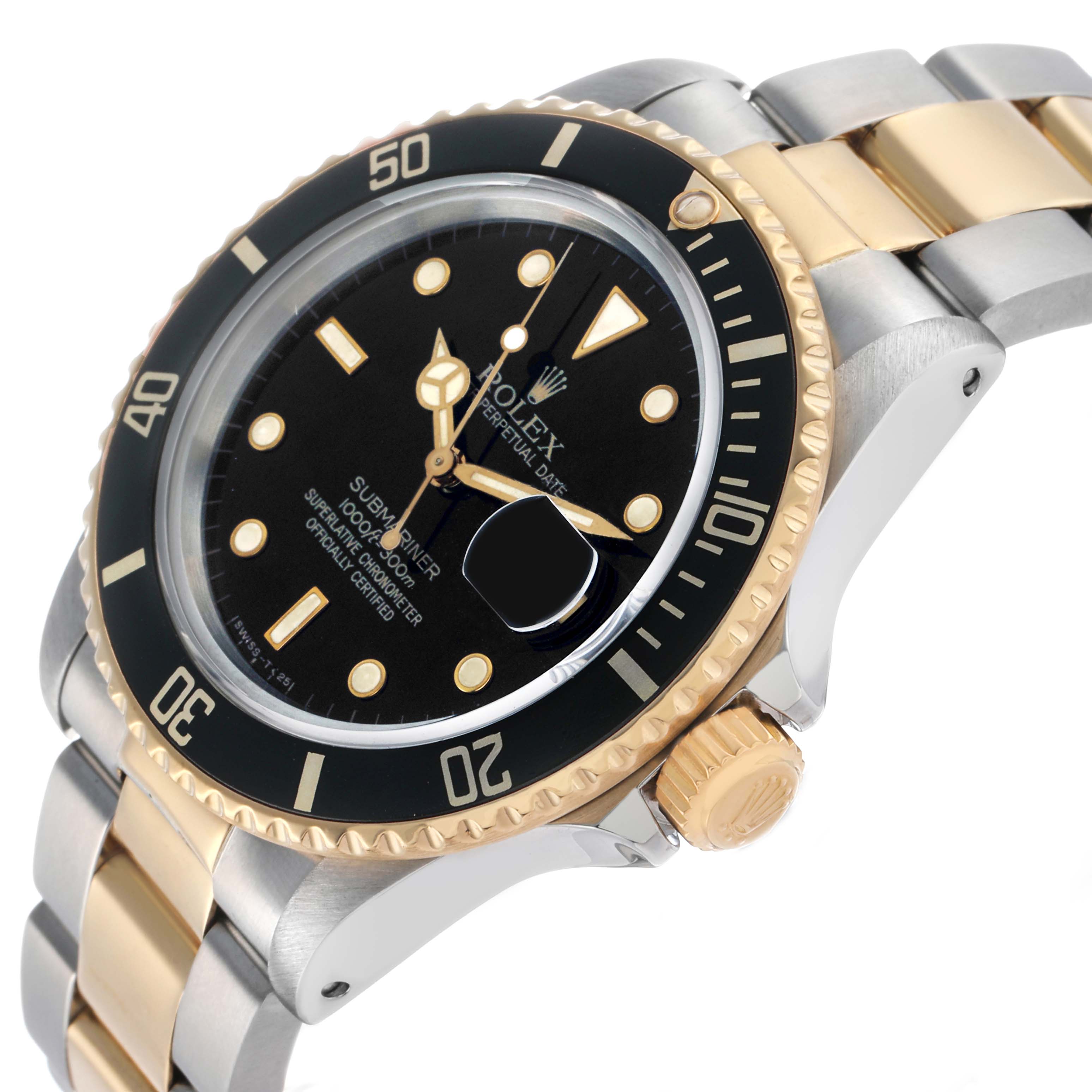 The Rolex Submariner 16803 Men's Steel and Gold (two tone) Black Dial watch is shown at a slight angle, highlighting the black bezel, gold crown, and two-tone bracelet.