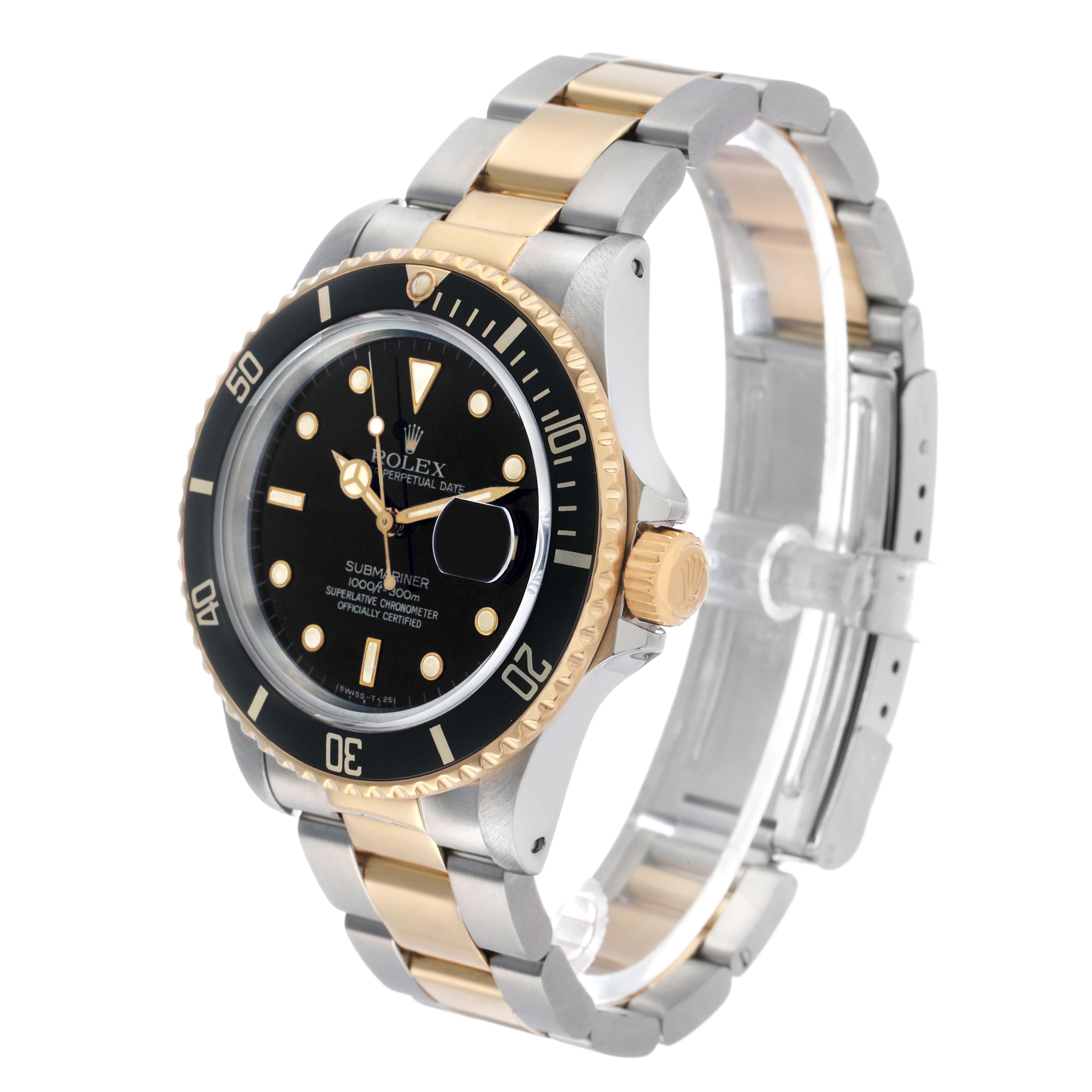 The Rolex Submariner 16803 Men's Steel and Gold (two tone) Black Dial watch is shown at a three-quarter angle, displaying the face, bezel, and two-tone bracelet.