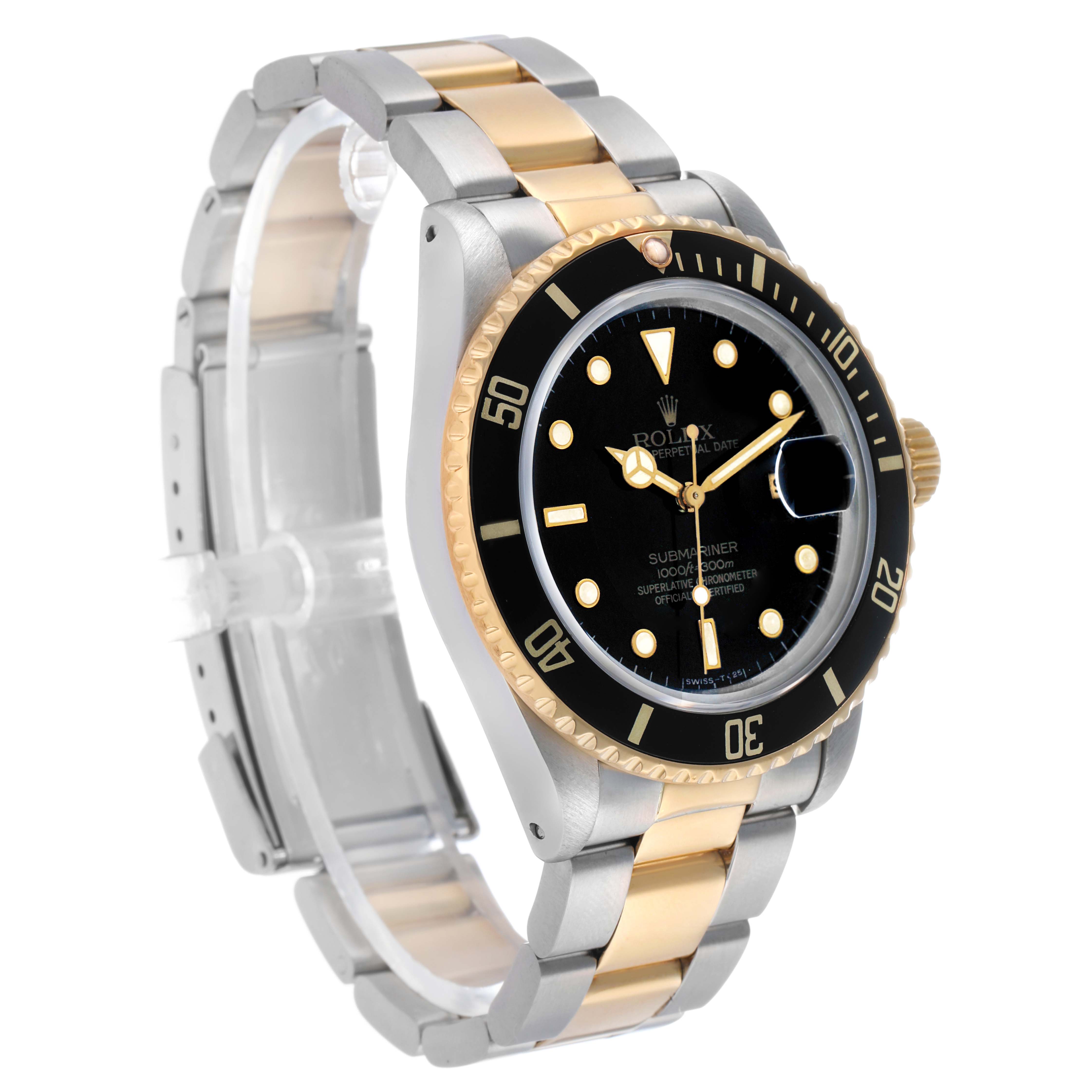 The Rolex Submariner 16803 Men's Steel and Gold (two tone) Black Dial watch is shown at an angle highlighting its gold and silver bracelet, black dial, and rotating bezel.