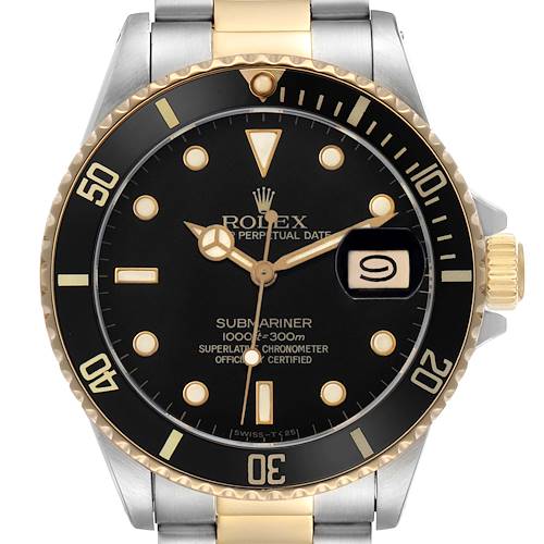 The Rolex Submariner 16803 Men's Steel and Gold (two tone) Black Dial is shown from a front angle, highlighting the bezel, dial, hands, and part of the bracelet.
