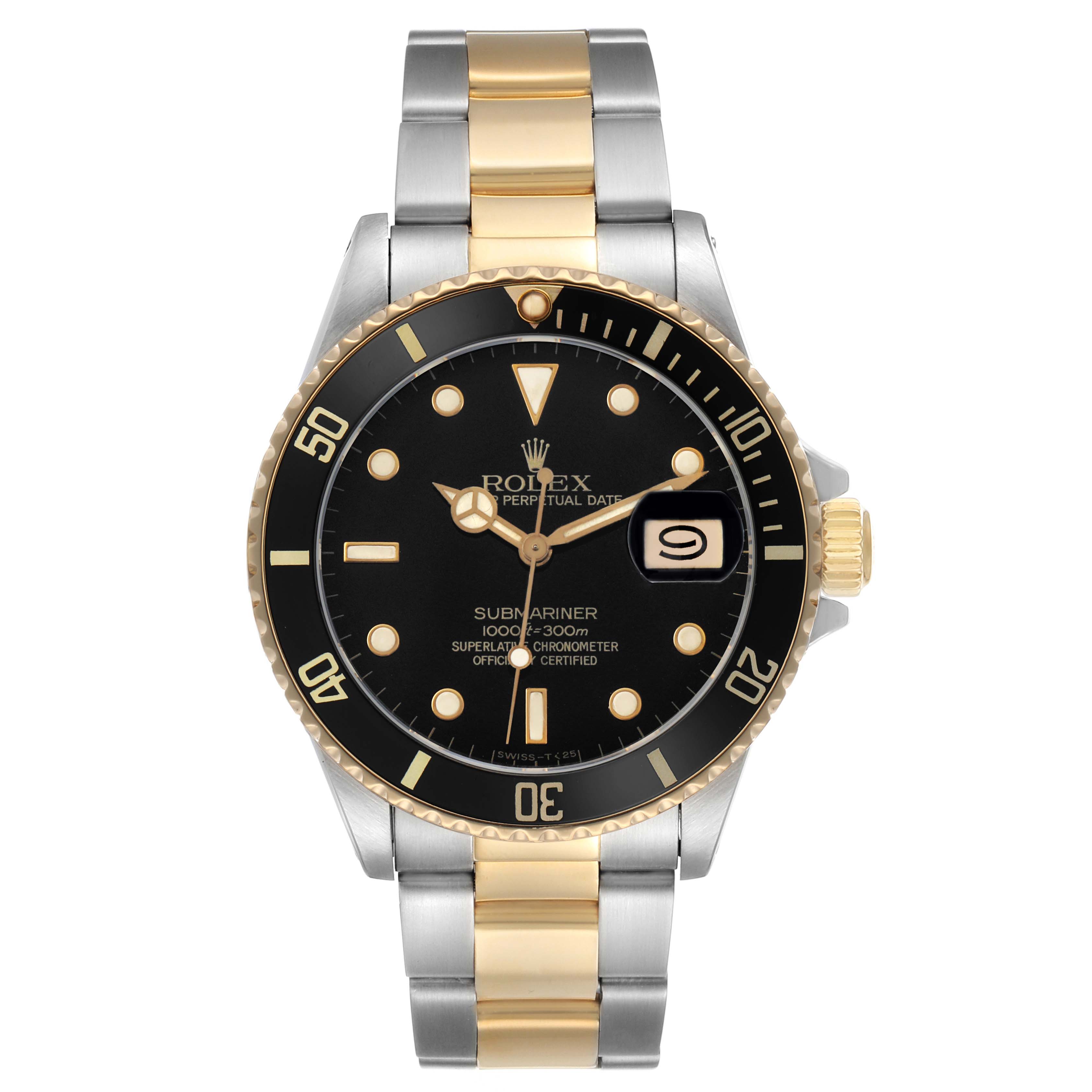 The Rolex Submariner 16803 Men's Steel and Gold (two tone) Black Dial watch is shown from the front, highlighting its black dial, gold bezel, and bicolored bracelet.