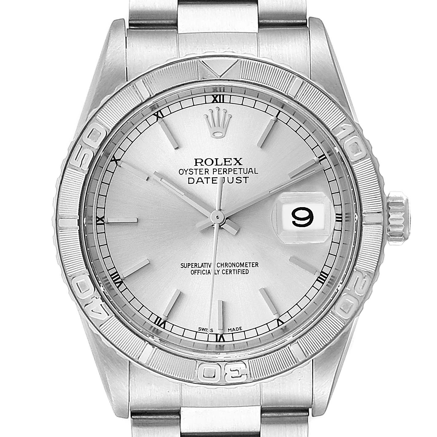 The image shows a front view of the Rolex Turn-o-Graph 16264 Men
s Stainless Steel Silver Dial 16264 Men
s Stainless Steel Silver Dial, displaying its face, bezel, and part of the bracelet.