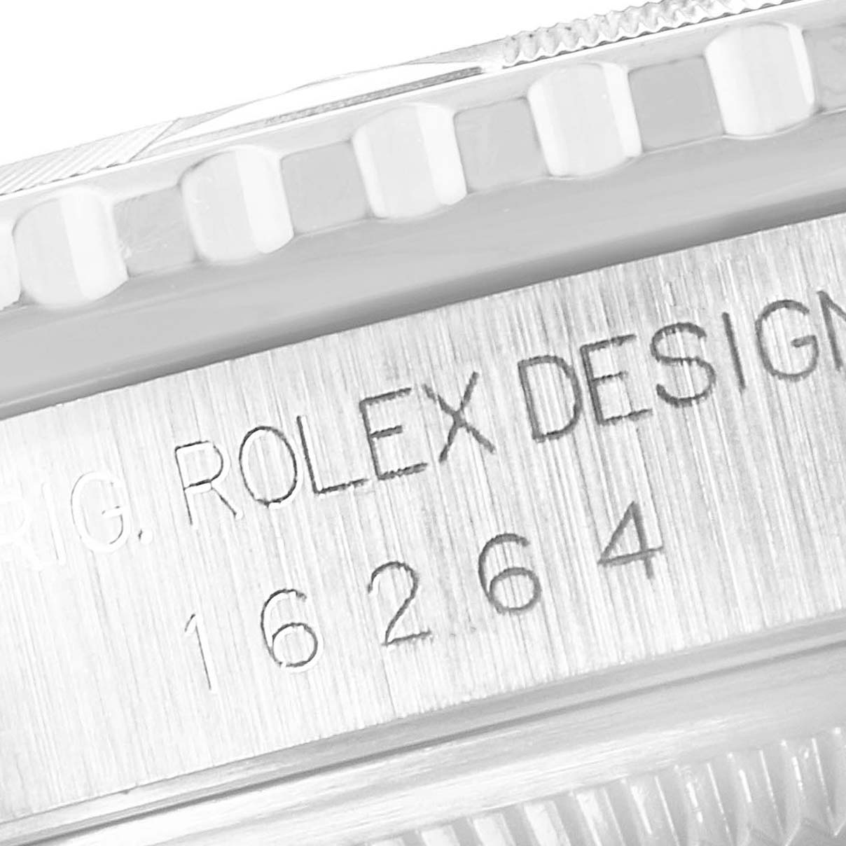 This image shows a close-up of the side engraving and bezel of a Rolex Turn-o-Graph 16264 Men
s Stainless Steel Silver Dial 16264 Men
s Stainless Steel Silver Dial model watch, highlighting the model number 16264.