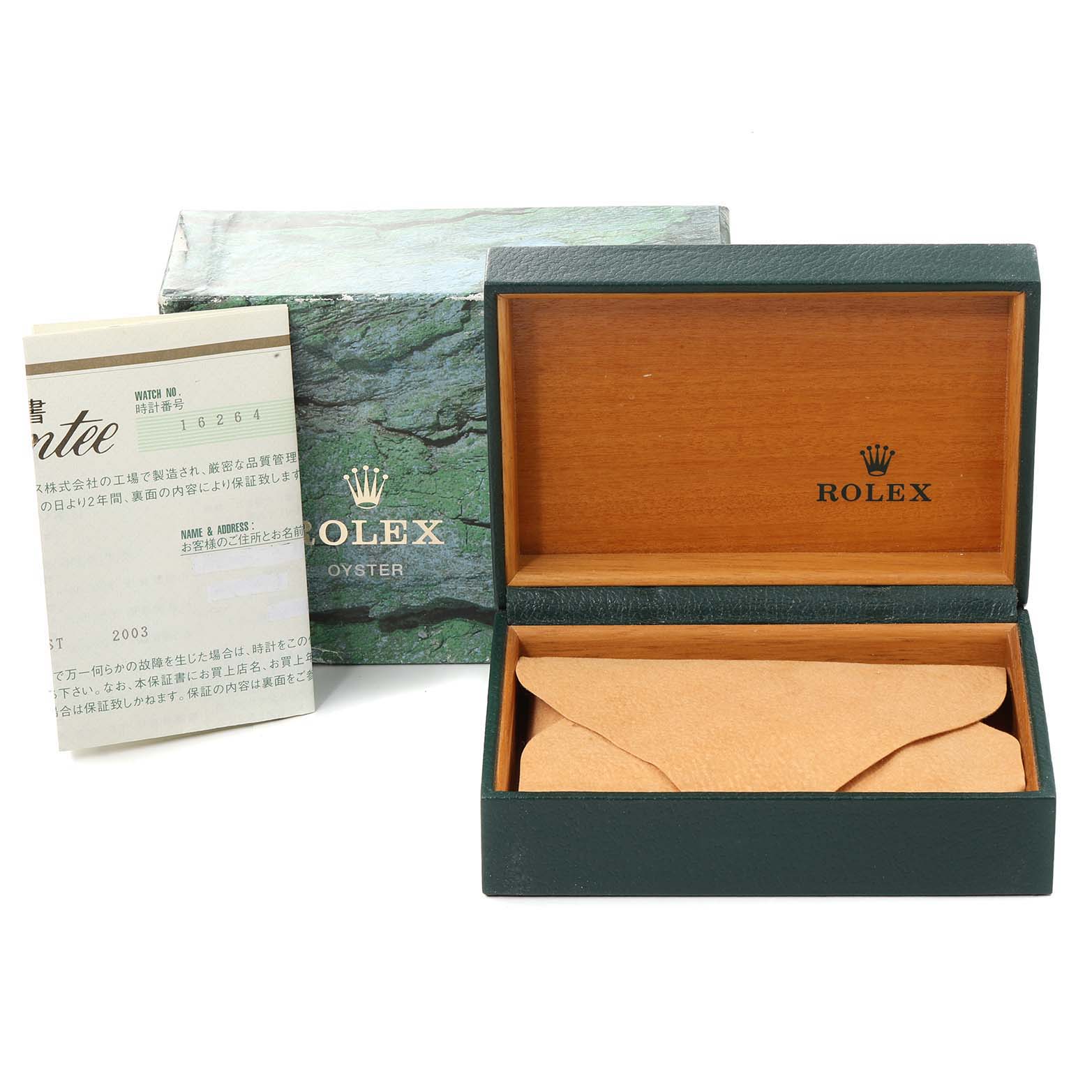 The image shows the box and papers for a Rolex Turn-o-Graph 16264 Men
s Stainless Steel Silver Dial 16264 Men
s Stainless Steel Silver Dial watch.