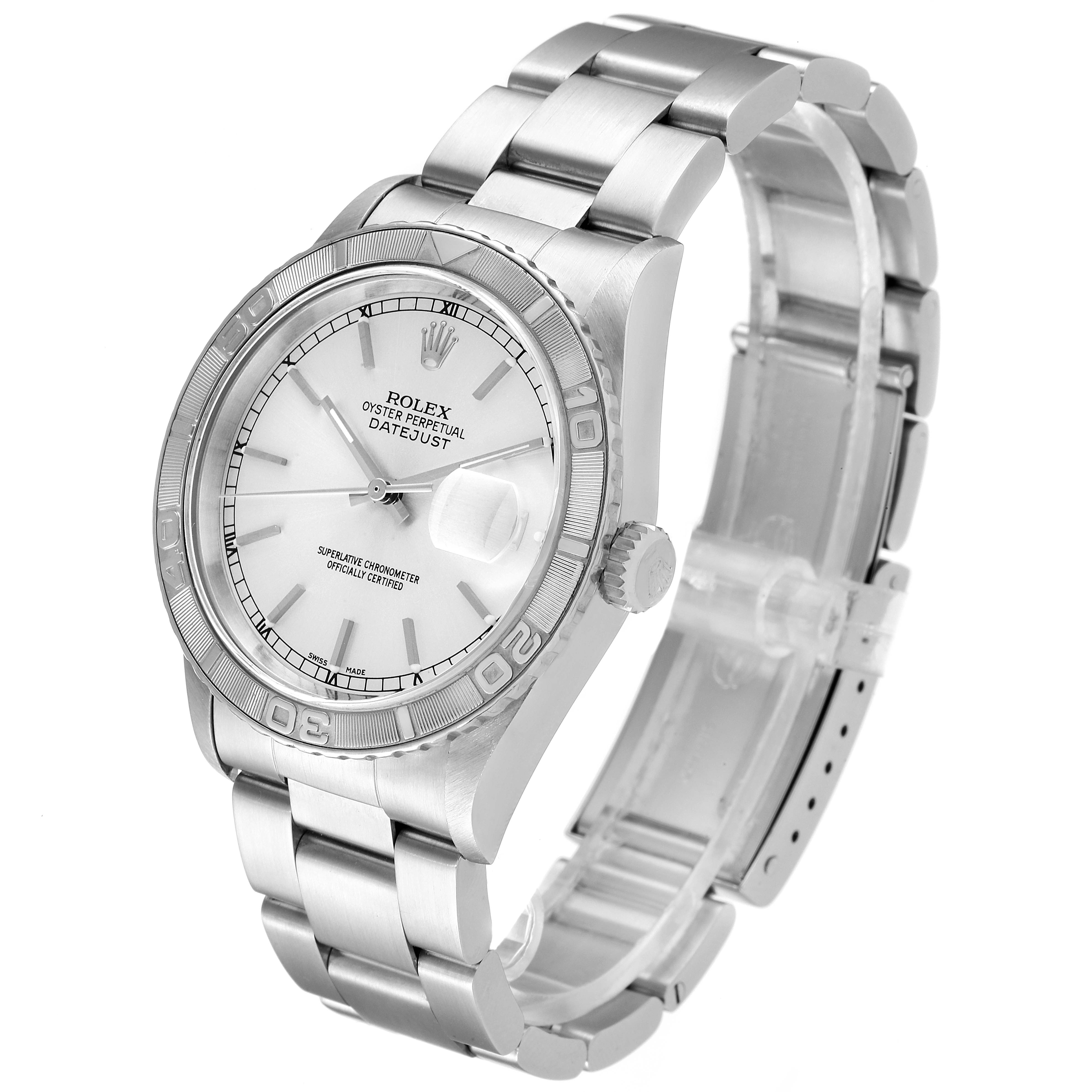 The image shows the front and right side angle of the Rolex Turn-o-Graph 16264 Men
s Stainless Steel Silver Dial 16264 Men
s Stainless Steel Silver Dial watch, displaying the dial, bezel, bracelet, and crown.