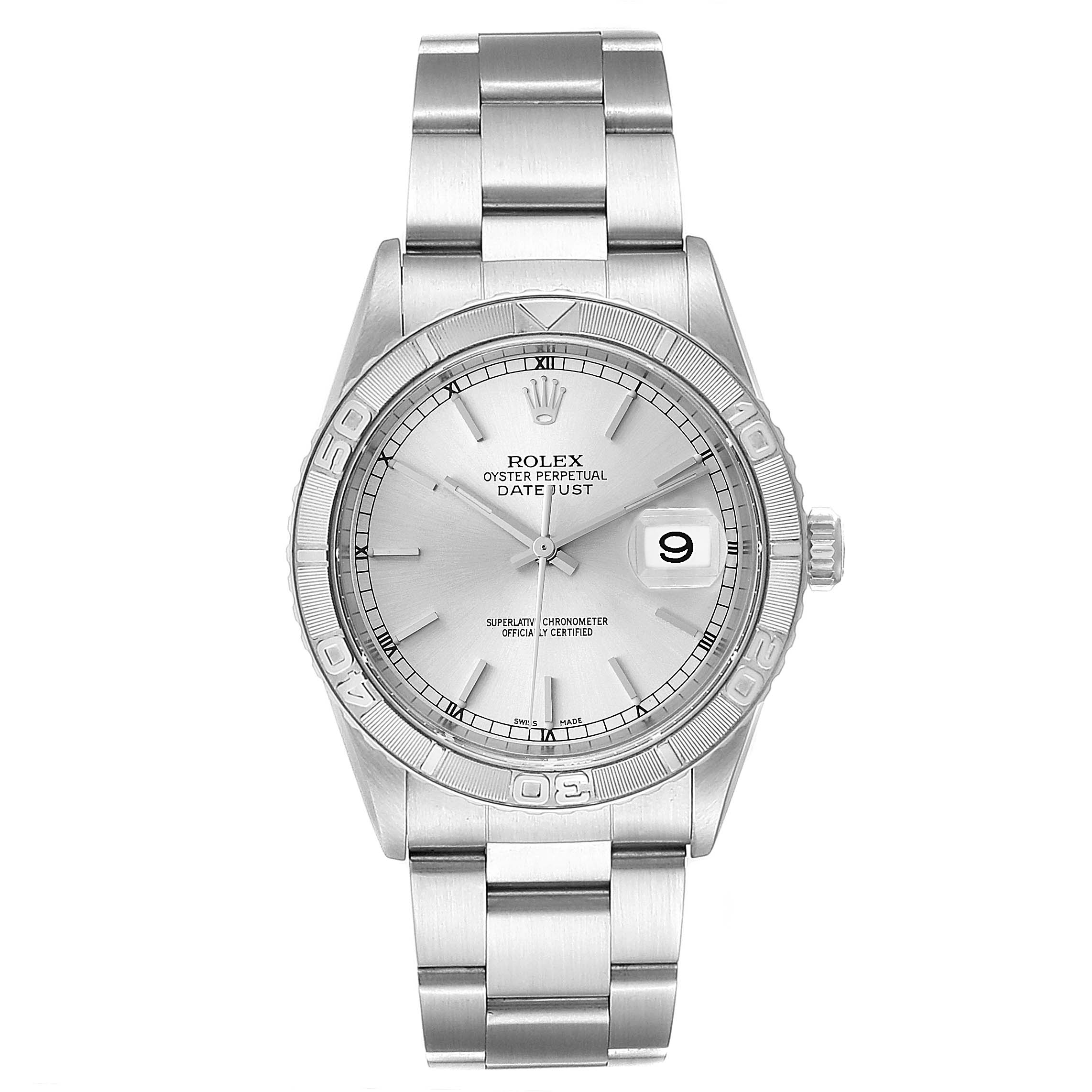 The image shows a front-facing view of a Rolex Turn-o-Graph 16264 Men
s Stainless Steel Silver Dial 16264 Men
s Stainless Steel Silver Dial watch, displaying the dial, bezel, crown, and bracelet.