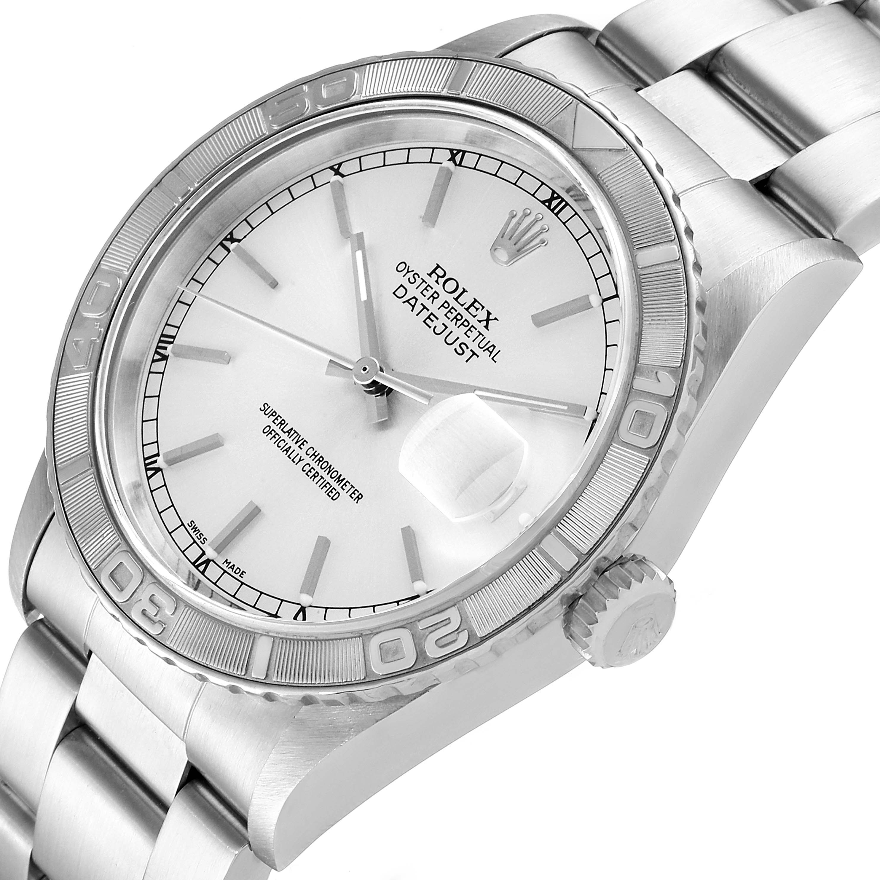 The image shows a close-up of the Rolex Turn-o-Graph 16264 Men
s Stainless Steel Silver Dial 16264 Men
s Stainless Steel Silver Dial watch, focusing on the face, crown, and part of the bracelet at a three-quarter angle.