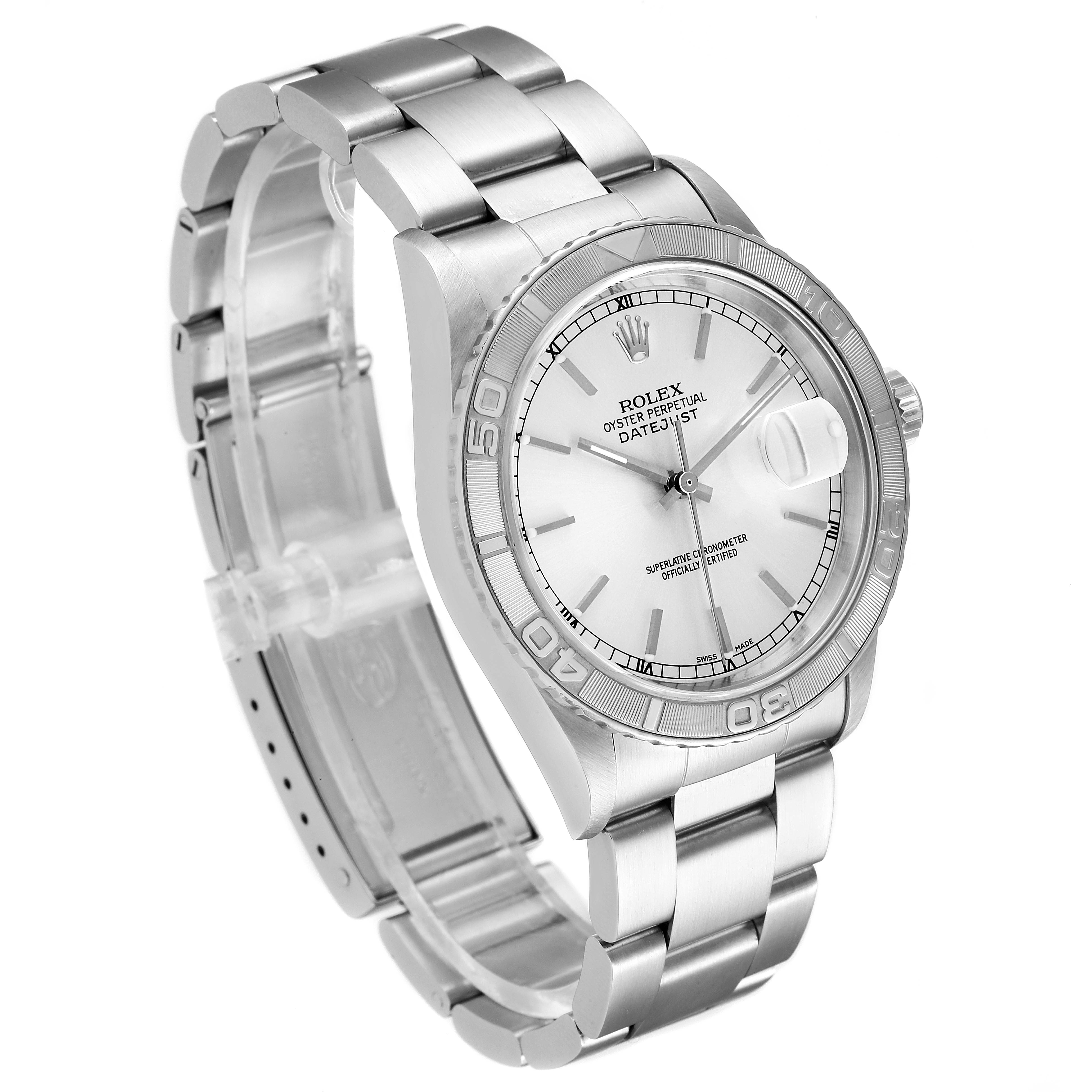 The image shows a three-quarter view of the Rolex Turn-o-Graph 16264 Men
s Stainless Steel Silver Dial 16264 Men
s Stainless Steel Silver Dial watch, highlighting its bracelet, bezel, dial, and magnified date window.