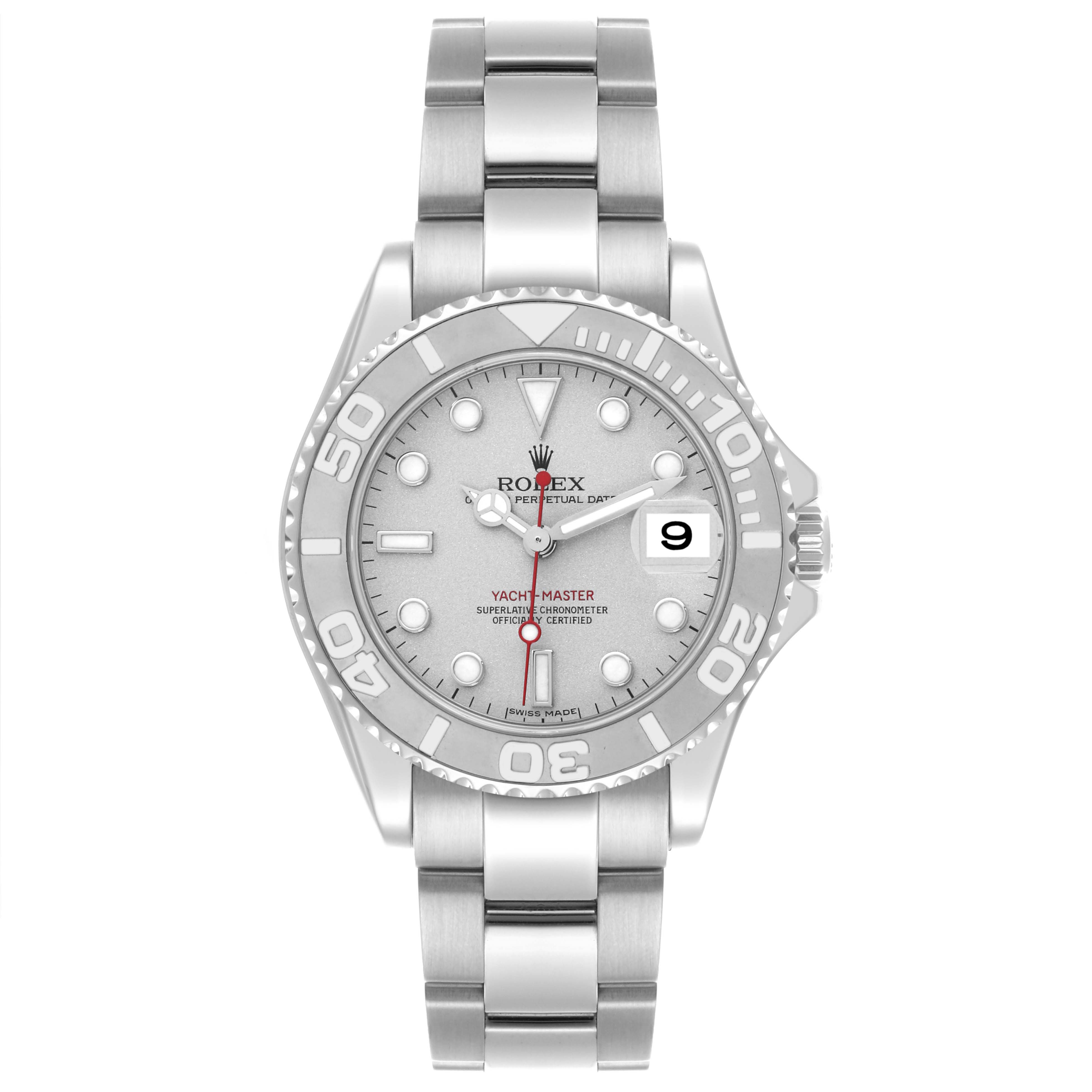The Rolex Yacht-Master 168622 Men's Stainless Steel Grey Dial 168622 Men's Stainless Steel Grey Dial watch is shown from a front angle, displaying the face, bezel, and bracelet.