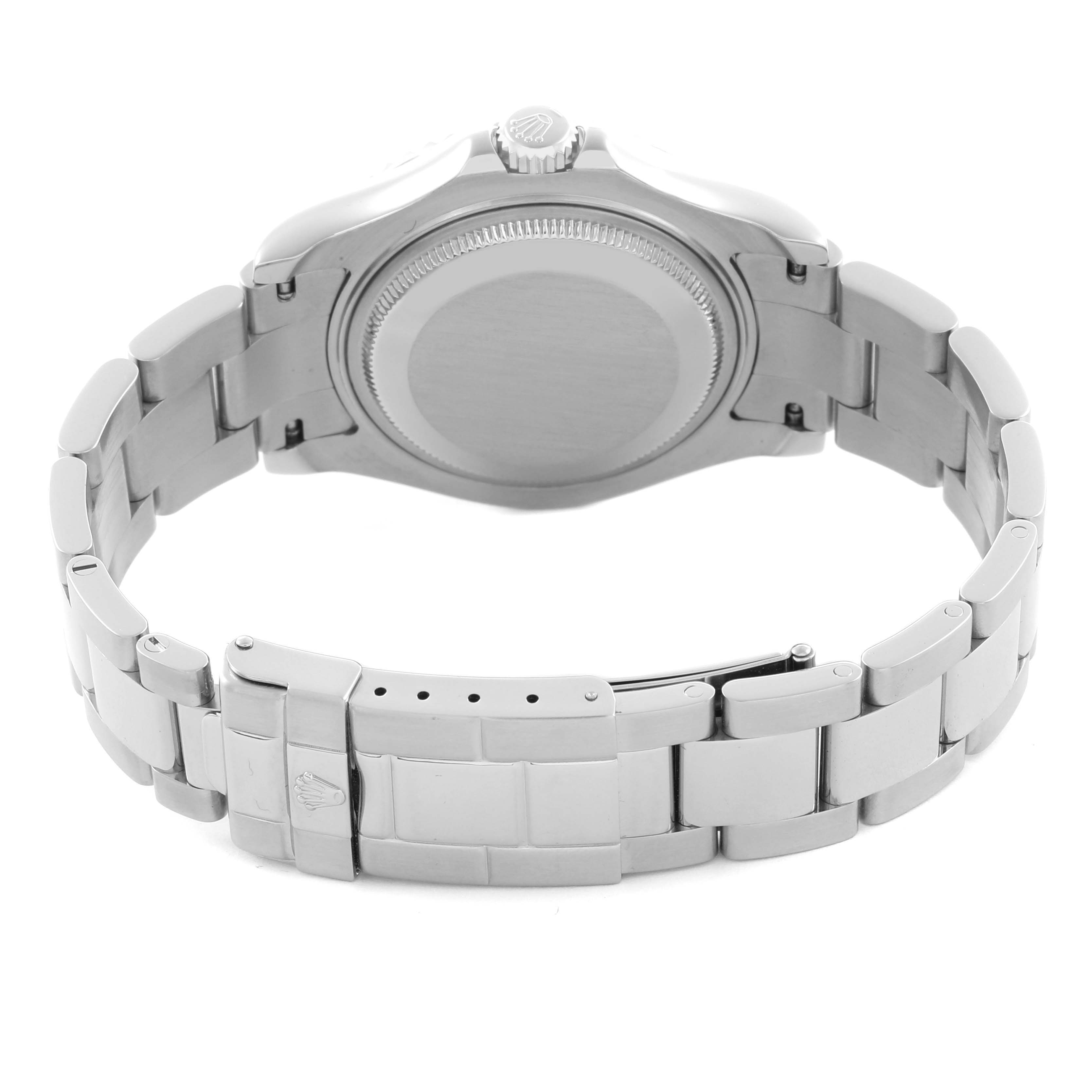 The Rolex Yacht-Master 168622 Men's Stainless Steel Grey Dial 168622 Men's Stainless Steel Grey Dial is shown from the back, highlighting the case back and metal bracelet with a clasp.