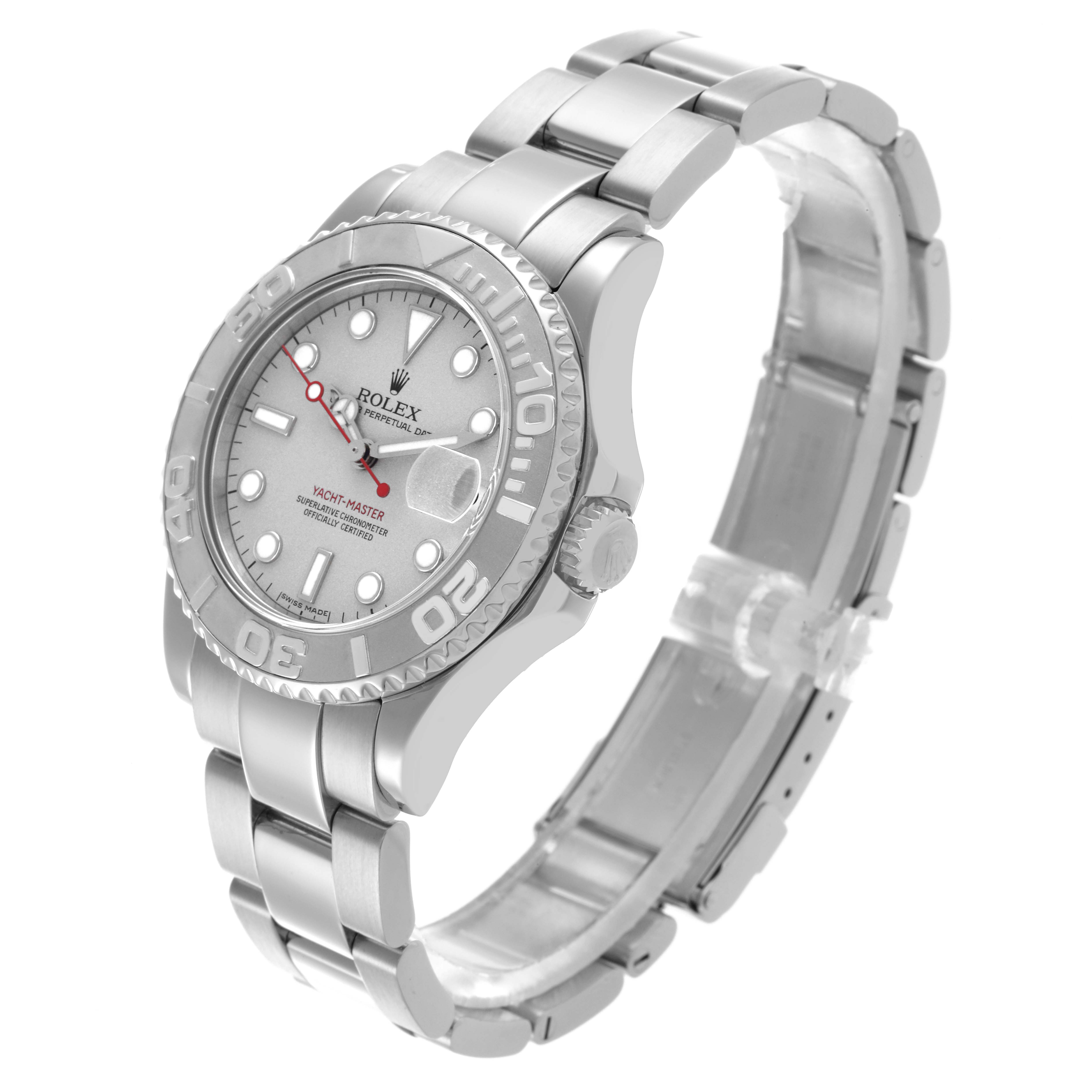 The Rolex Yacht-Master 168622 Men's Stainless Steel Grey Dial 168622 Men's Stainless Steel Grey Dial watch is shown at a three-quarter angle, highlighting the face, bezel, and band.