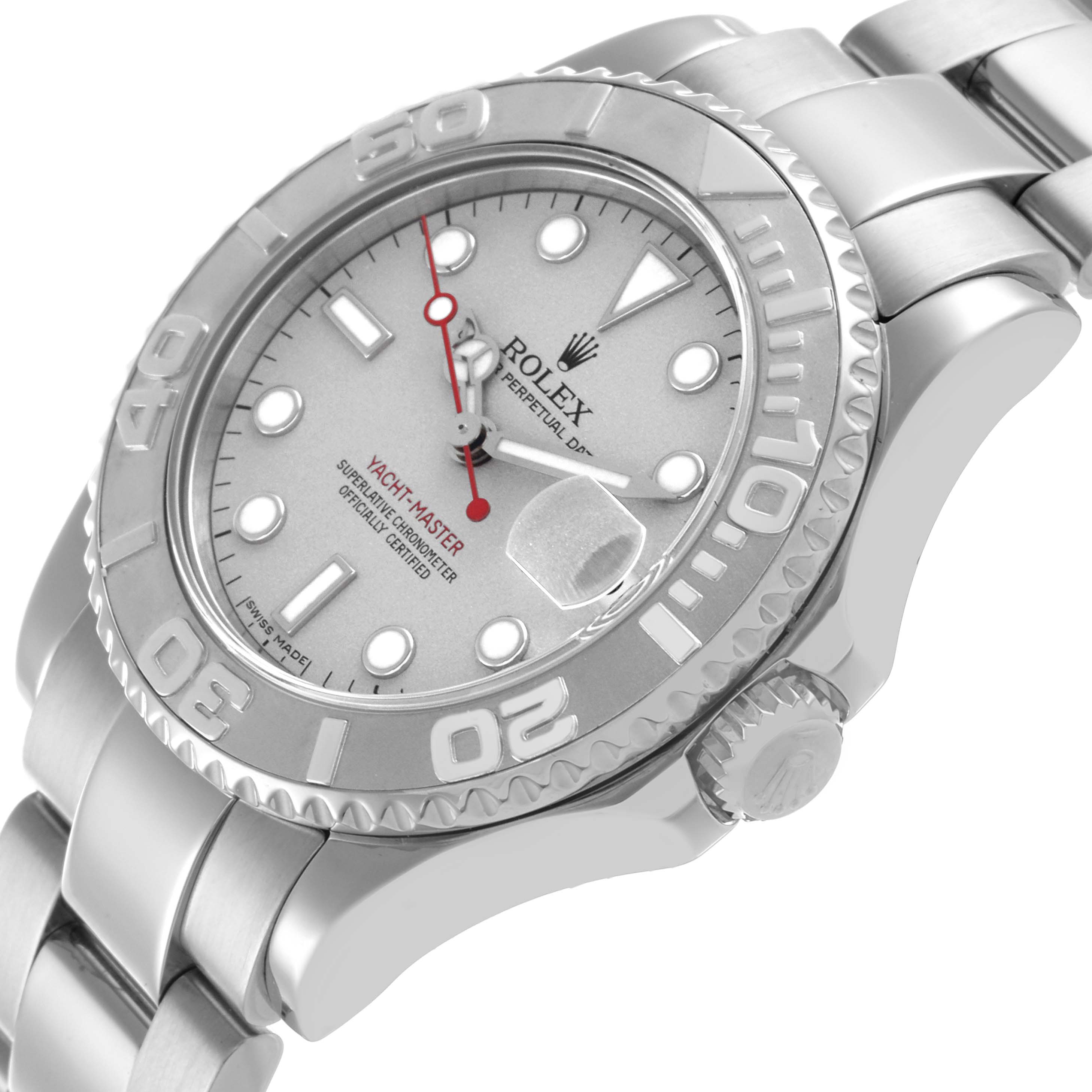 The Rolex Yacht-Master 168622 Men's Stainless Steel Grey Dial 168622 Men's Stainless Steel Grey Dial is shown at an angled view, highlighting the face, bezel, crown, and bracelet.