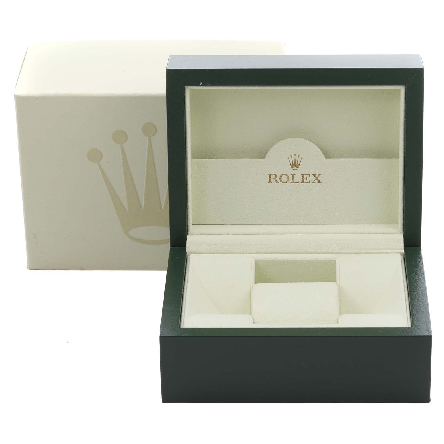 The image shows an open Rolex Yacht-Master 168622 Men's Stainless Steel Grey Dial 168622 Men's Stainless Steel Grey Dial watch box at a slight angle, with visible interior compartments.