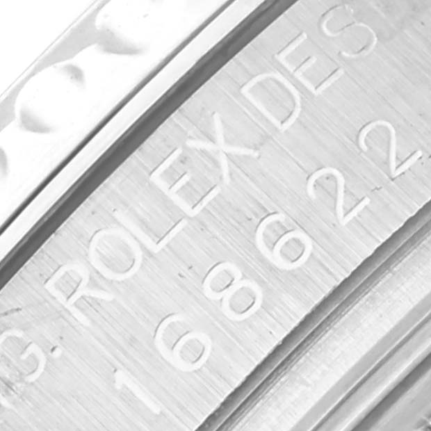 The image shows an engraved inner bezel of a Rolex Yacht-Master 168622 Men's Stainless Steel Grey Dial 168622 Men's Stainless Steel Grey Dial watch, displaying model details.